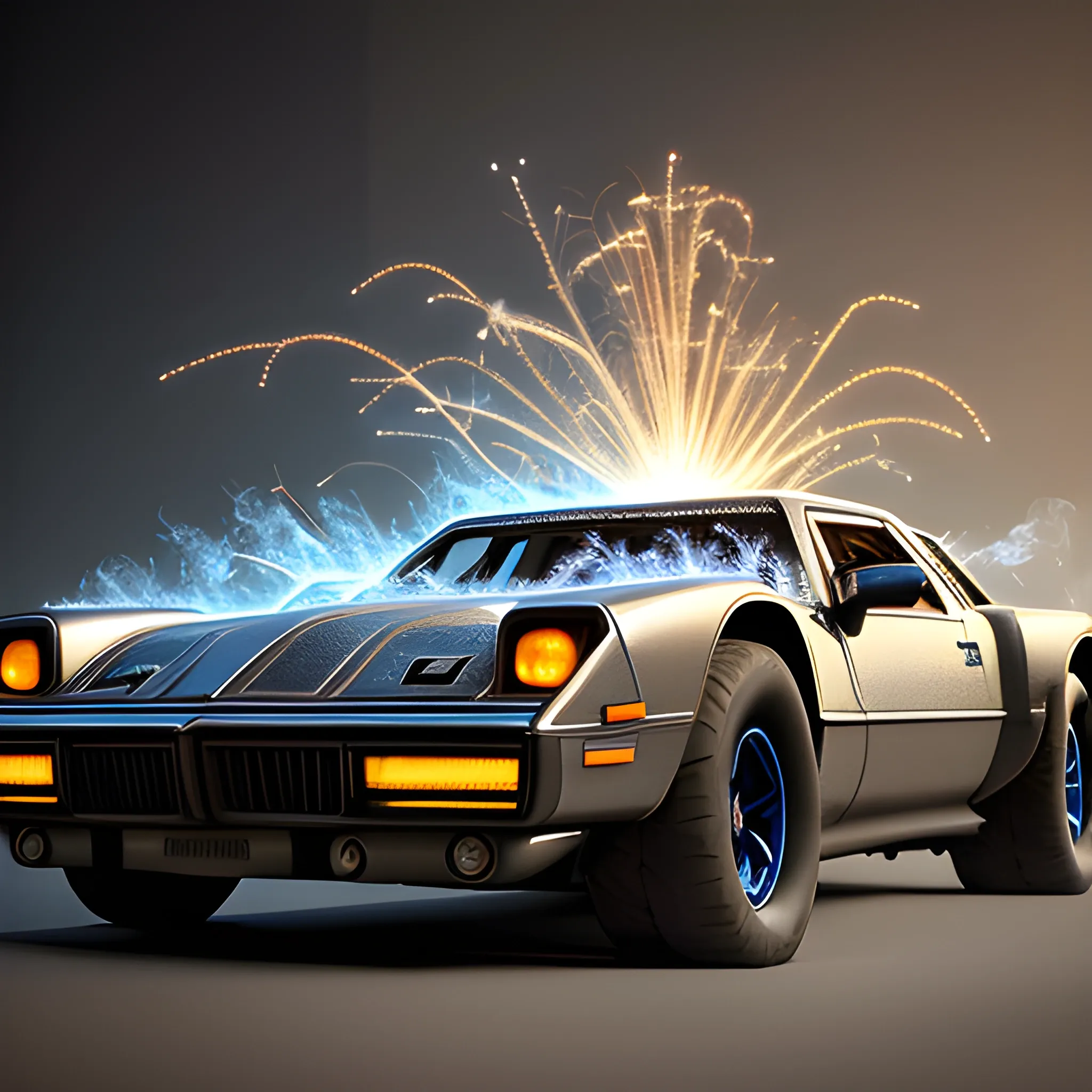 A captivating conceptual art piece featuring an extraordinary 3D render of a medieval Batmobile, designed in Tim Burton's distinctive style. The vehicle is a seamless blend of a 1980s Trans Am and 1974 Winnebago, gliding through the quaint, snow-covered Main Street of Potsdam, New York at sunrise. The metallic silver and blue wired construction showcases intricate details, from the motherboard integrated into the car's backbone to the smoke-belching diodes and riveting artillery. The design masterfully combines vibrant colors, dark fantasy, and cinematic elements, resulting in a striking portrait of the Batmobile. This unique blend of fashion, architecture, and technology is displayed in a stunning poster-like photograph, with the vehicle's tall stacks casting dramatic shadows and sparks crackling in the periphery.