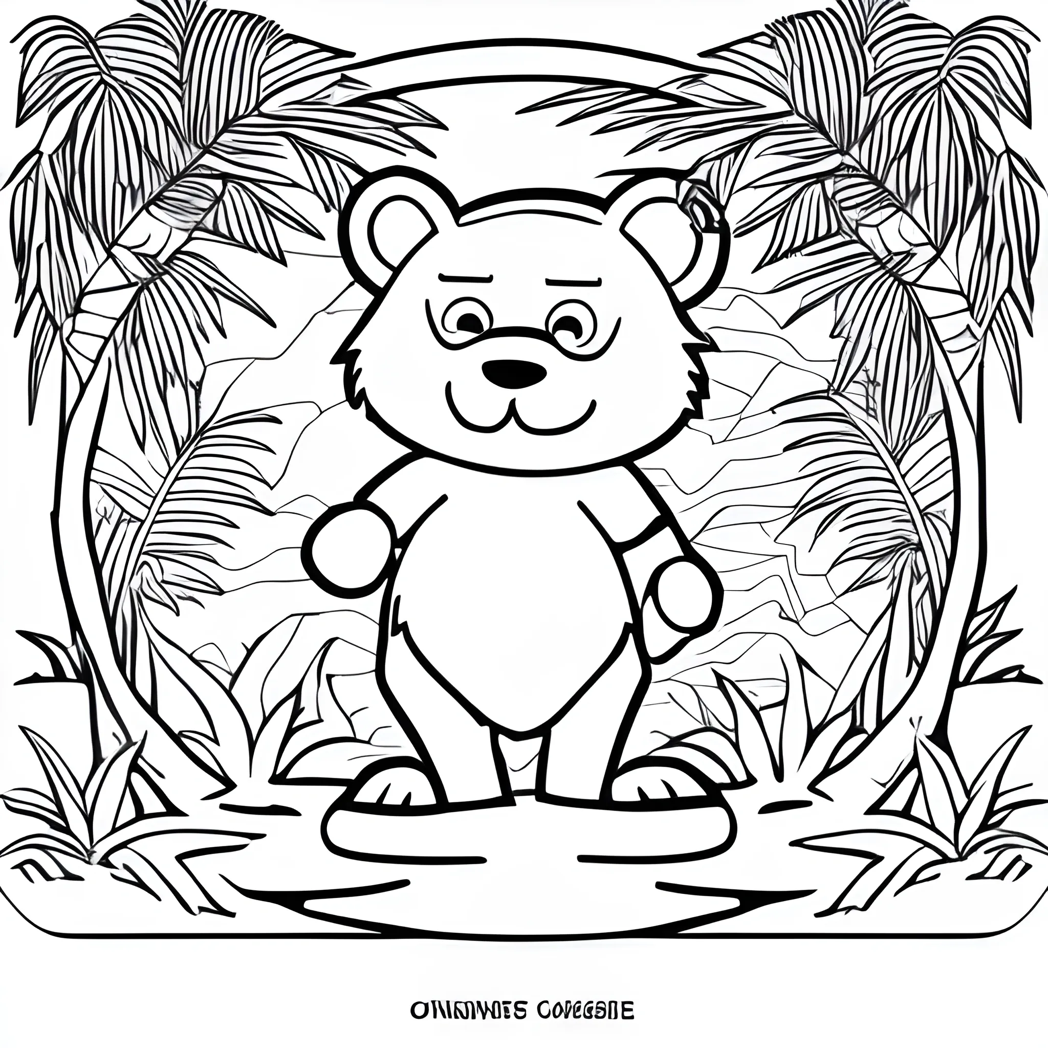 2d outline simple vector monochrome coloring page depicting oso surrounded by jungle scenes on white background:: signature text border frame logo name headline watermak gradient shading greyscale::-0.3 --ar 2:3 --v 4