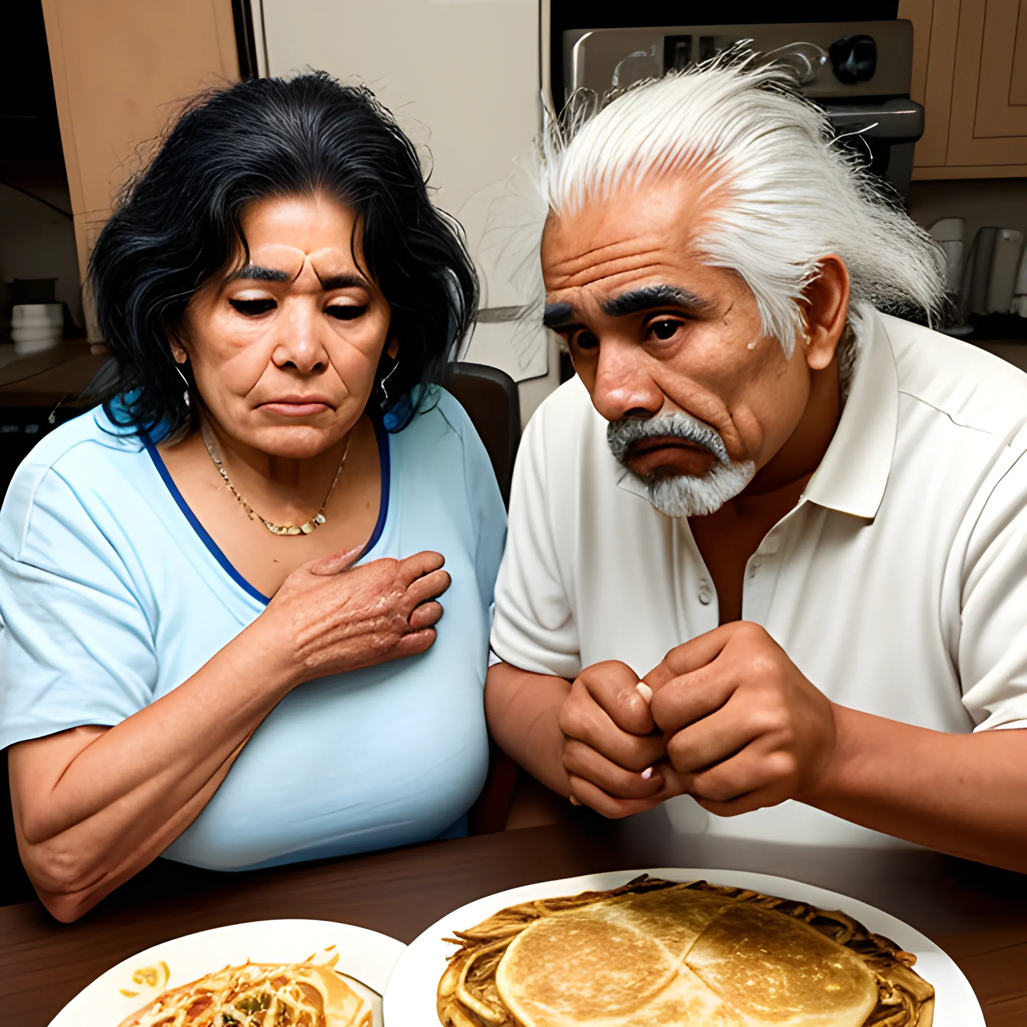 69 year old hispanic male crazy hair with 55 year old indigenous wife eating pupusas 