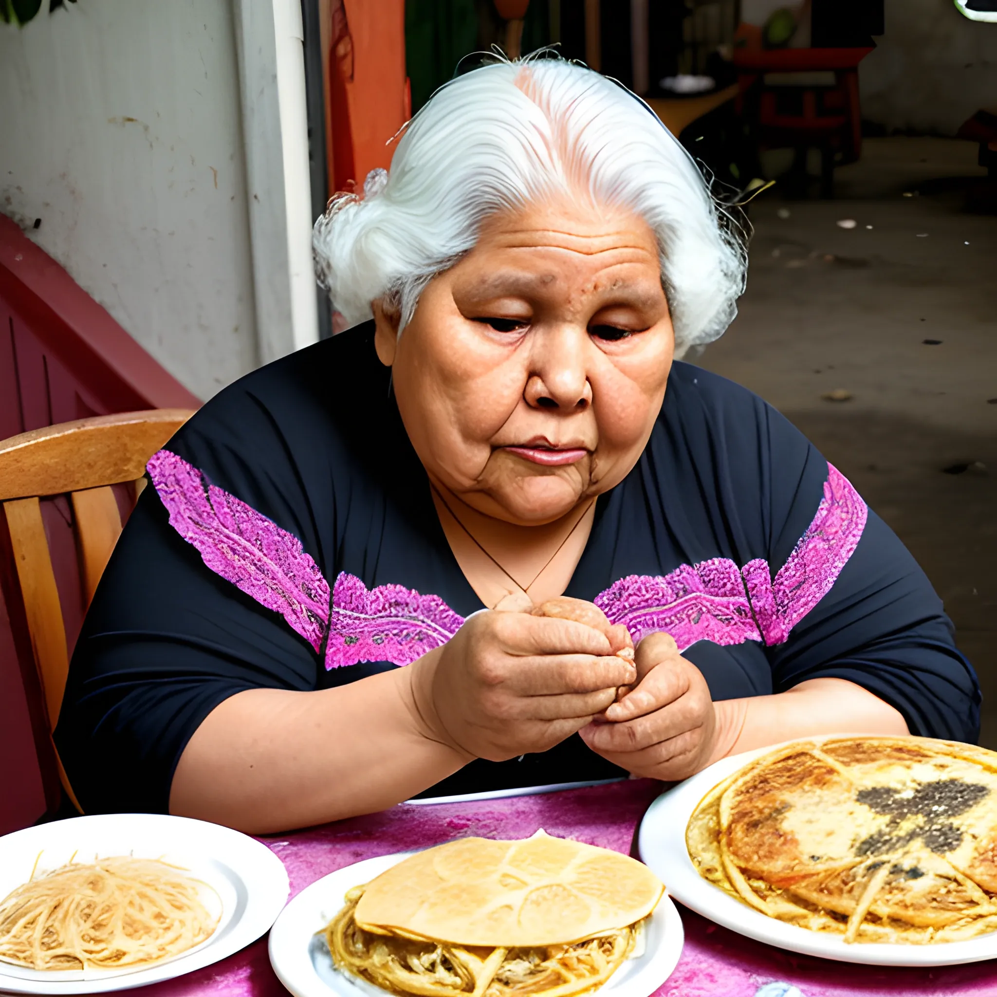 old fat salvadoran grandma eating pupusas 
