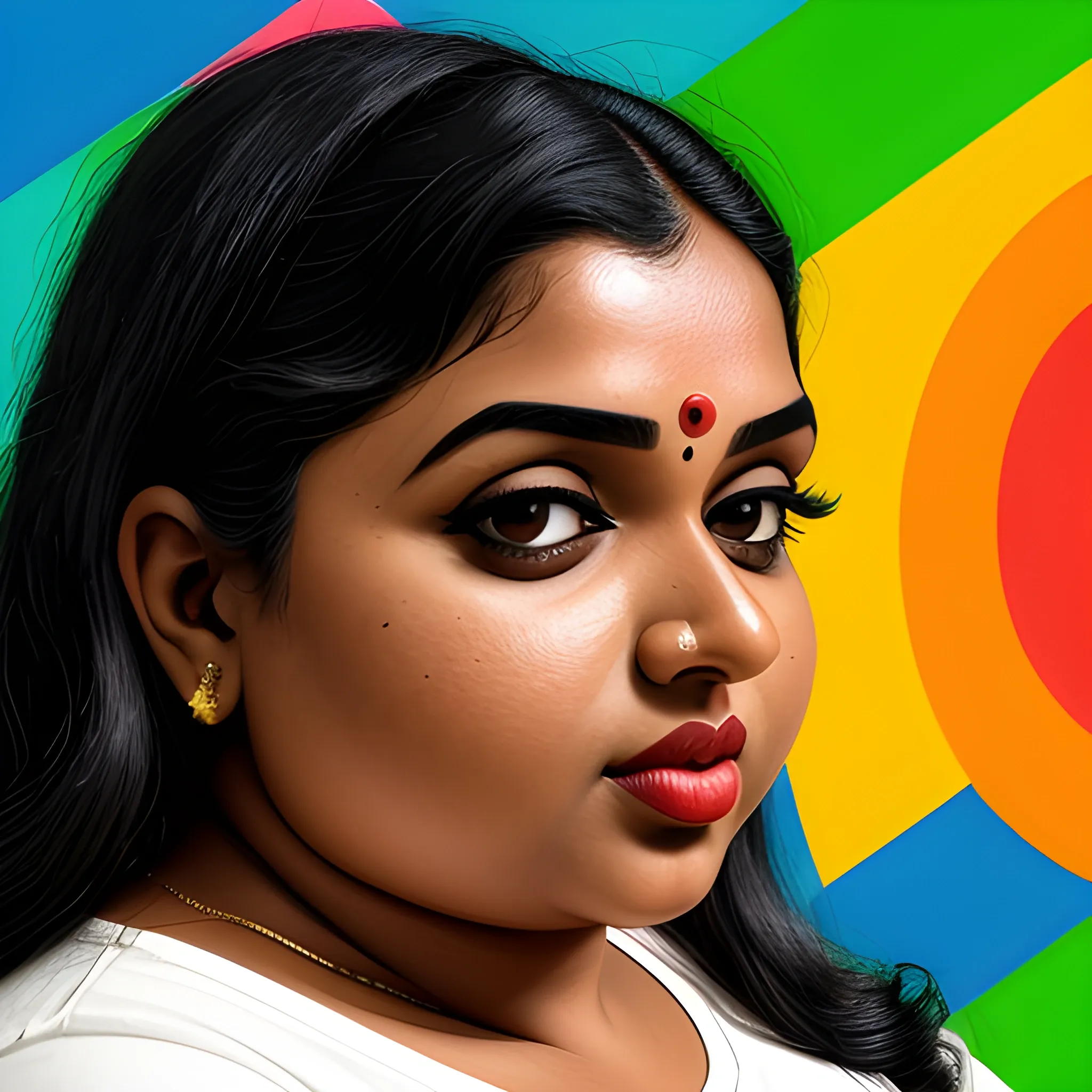 a pop art of a very beautiful natural looking Malayali woman who is also very curvaceous, wide nose, chubby oval face, thin lips, in t-shirt, high quality photo, 64 pixel, RAW photo, high quality, high definition, hd, hdr, 4k resolution, majestic shadow play, eye level, highly detailed, best quality, waist shot 