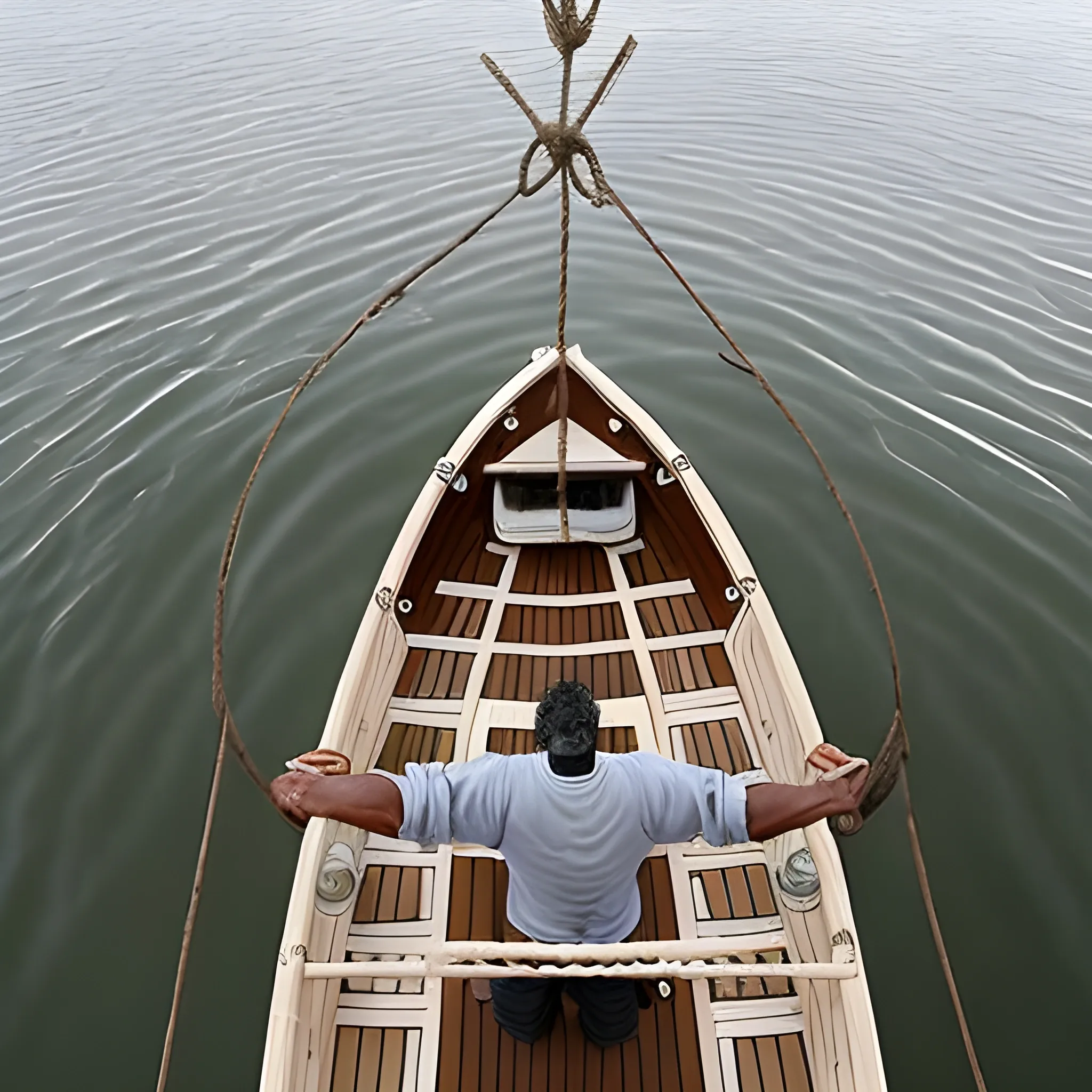 Bird eye view: a Unconventional boat made of Plastic planks attached by ropes to empty Plastic bottles that rest on the water like the keel of a boat. A man on this boat (scaled on a Plastic arbor on the boat's spears) on a raging sea in the middle of a storm! 