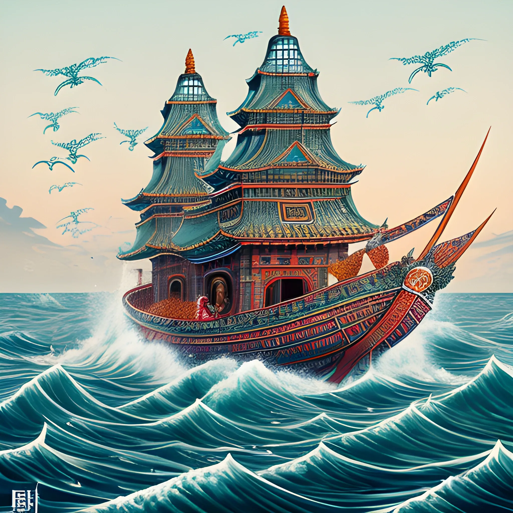 The ancient Korean jellyfish Boat Wijeong Cheopsa, crafted in magnificent detail to showcase its unique Lion-head prow and a dragon-tail stern. boy tries to tame it on a life boat, with his pet German Shepard. The Ocean's vastness, beauty, and unpredictability reflect the challenges, adventures, and mysteries of life, placed at the mid strand of a serene Ocean under a clear evening sky, traditional Korean colors, high contrast