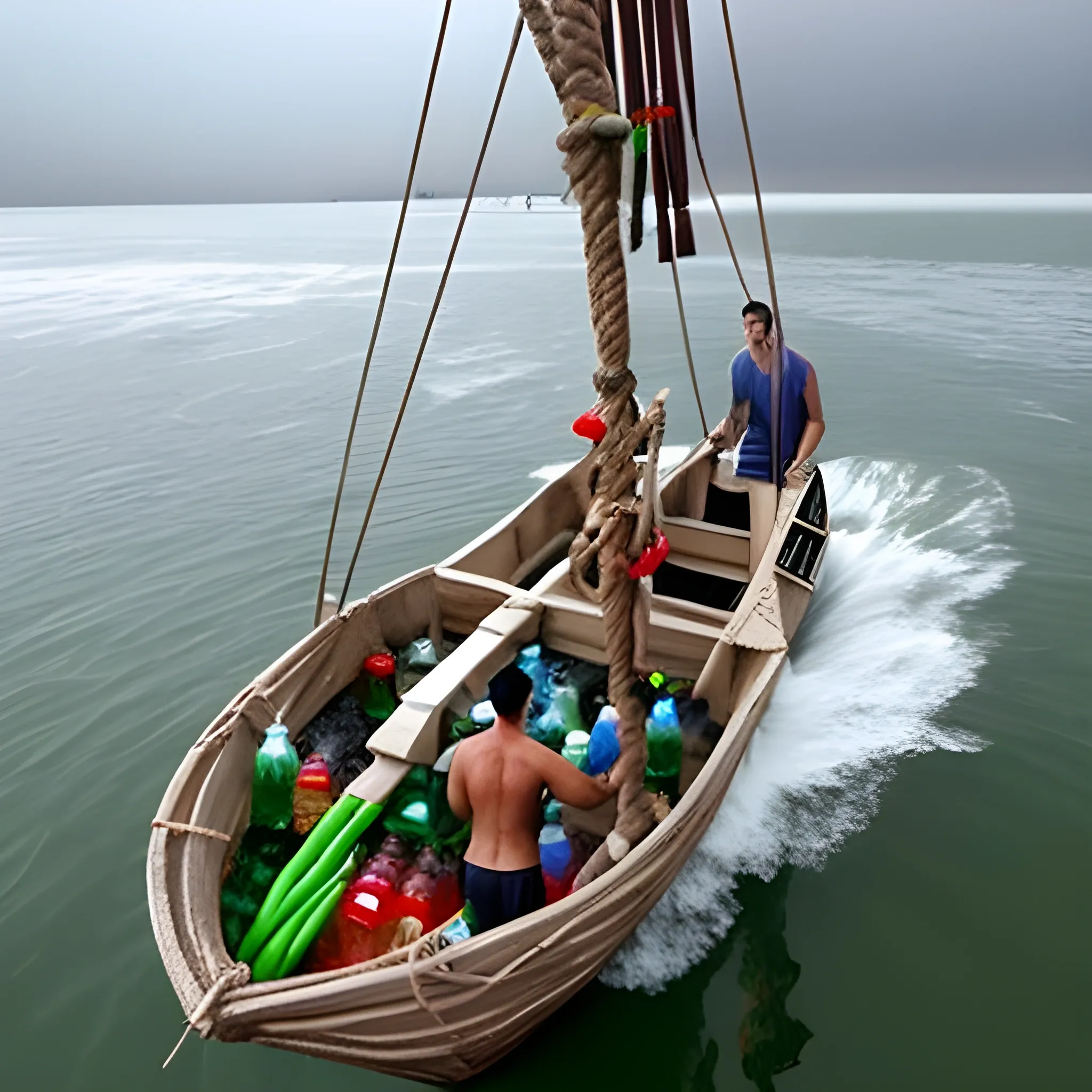 Bird eye view: a Unconventional boat made of Plastic bottles attached by ropes to empty Plastic bottles that rest on the water like the keel of a boat. A man on this boat (scaled on a Plastic arbor on the boat's spears) on a raging sea in the middle of a storm! Shirtless men has an Anchor tattoo is marked