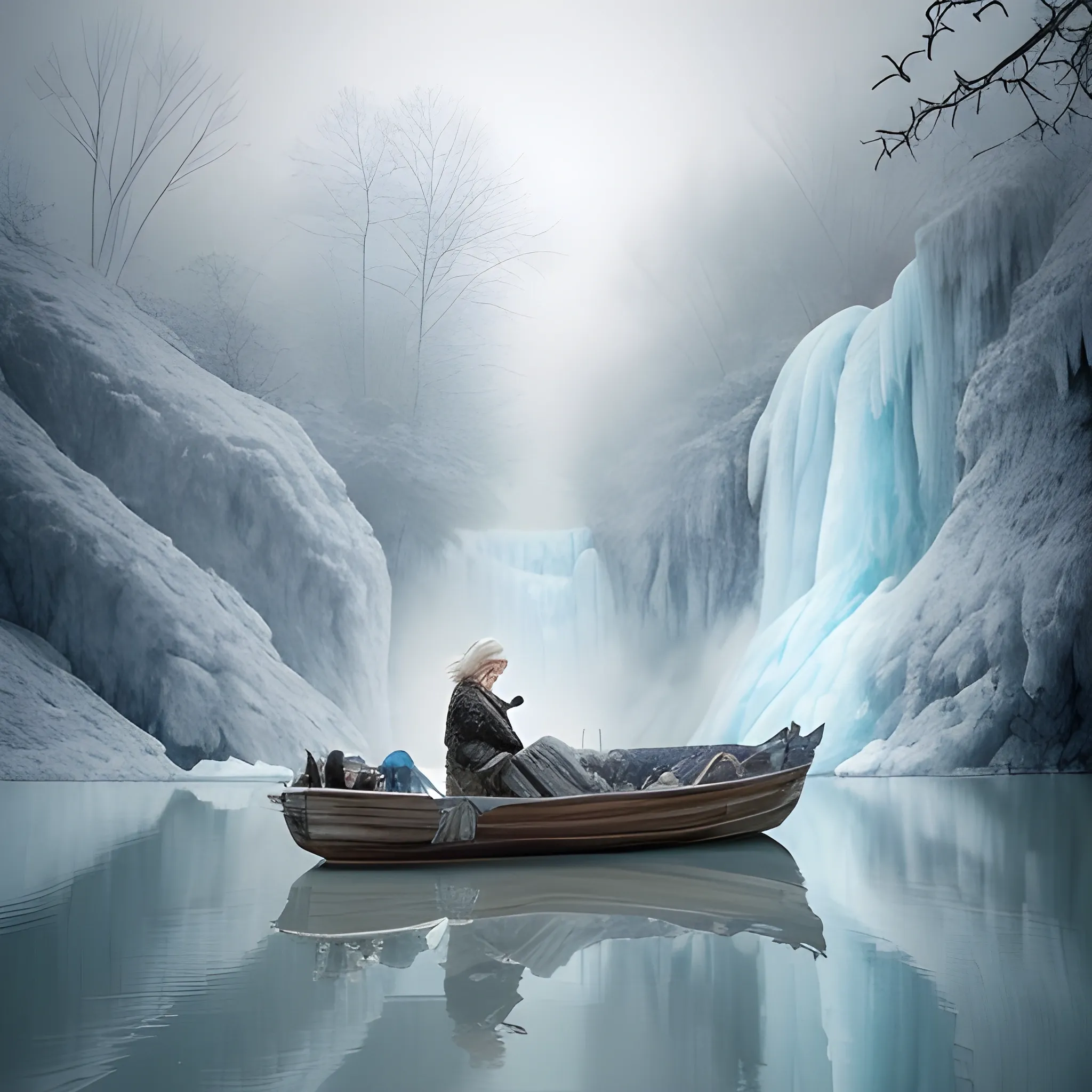 Stunning visual photo of an older worrier woman, a Unconventional boat made of empty Plastic bottles that rest on the Frozen water like the keel of a boat. A Frozen lake next to a Frozen waterfall in the jungle, fog, volumetric lighting | centered | visual key | intricate | very detailed| stunning beauty | precise linear | vibrant | integral kinematics Griffiths Meat | Conrad Roset, dappled sunlight