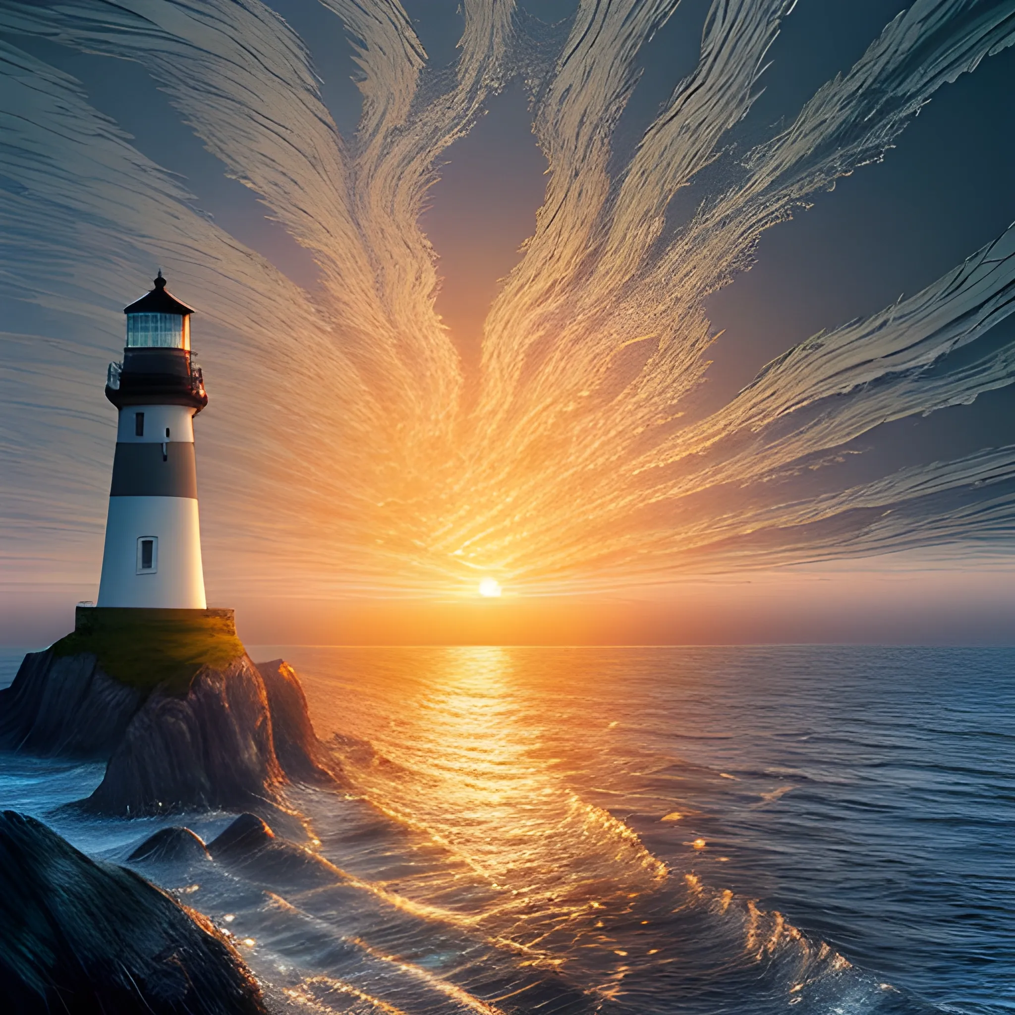 A captivating piece of digital art showcasing a fingerprint meticulously transformed into a mesmerizing landscape. The swirls and ridges of the fingerprint form the basis for an awe-inspiring scene of a proud lighthouse standing on a rocky shoreline, illuminated by the tender glow of a dawning sun. 