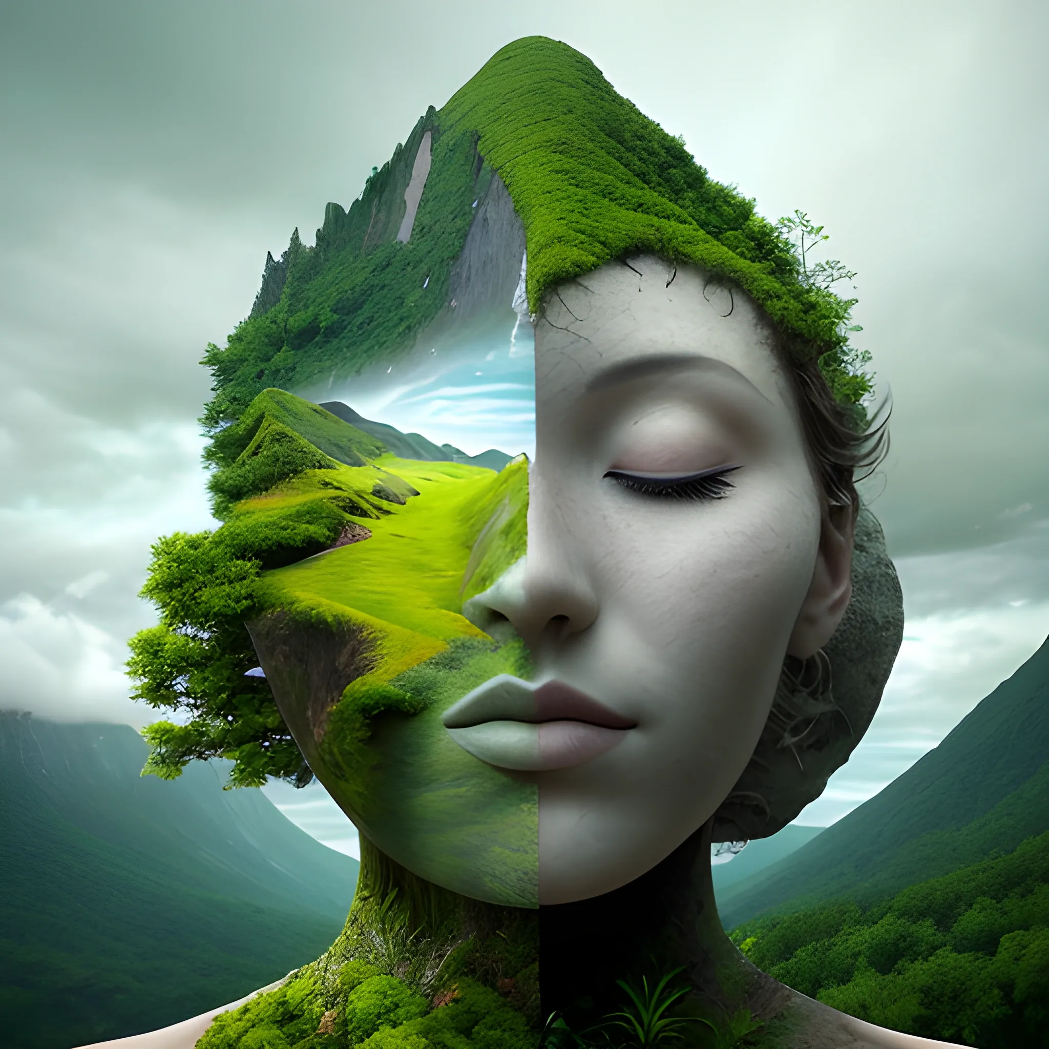 An extraordinary image of a scenic landscape that transforms into a human face when viewed from a different angle. The landscape features towering mountains, a winding river, and lush green trees, which together form the outline and features of a face, including eyes and a nose. Clouds float above, adding depth and dimension to the dual effect. The overall ambiance of the image is serene and surreal, capturing the essence of nature's beauty and the intriguing concept of duality.