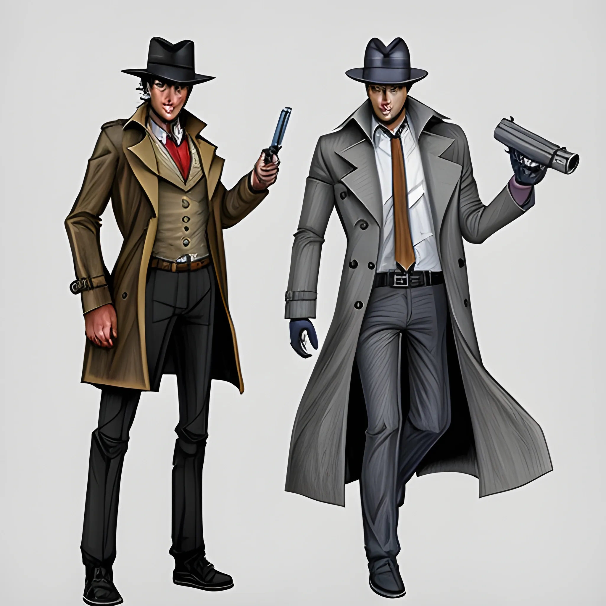 Robot detective | fedora | trench coat | pistol, Pencil Sketch