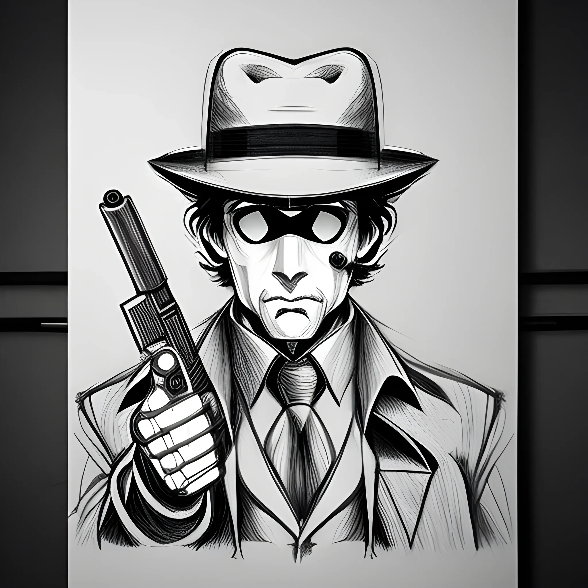 Robot detective | fedora | trench coat | pistol, Pencil Sketch