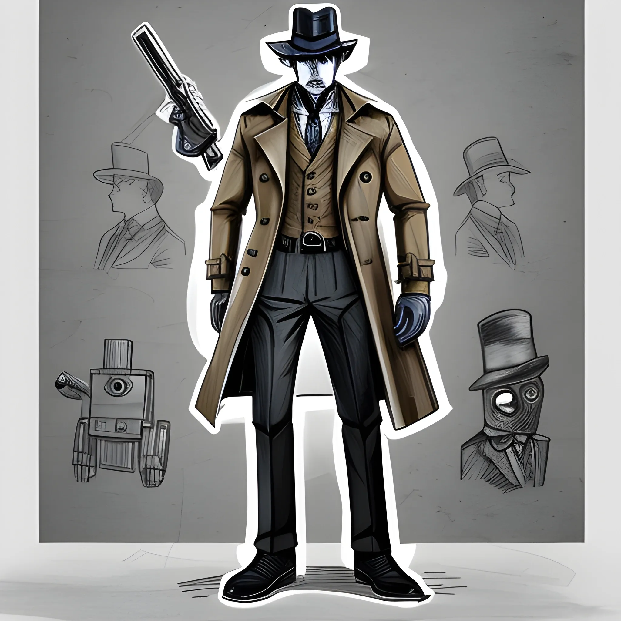 Robot detective | fedora | trench coat | pistol, Pencil Sketch