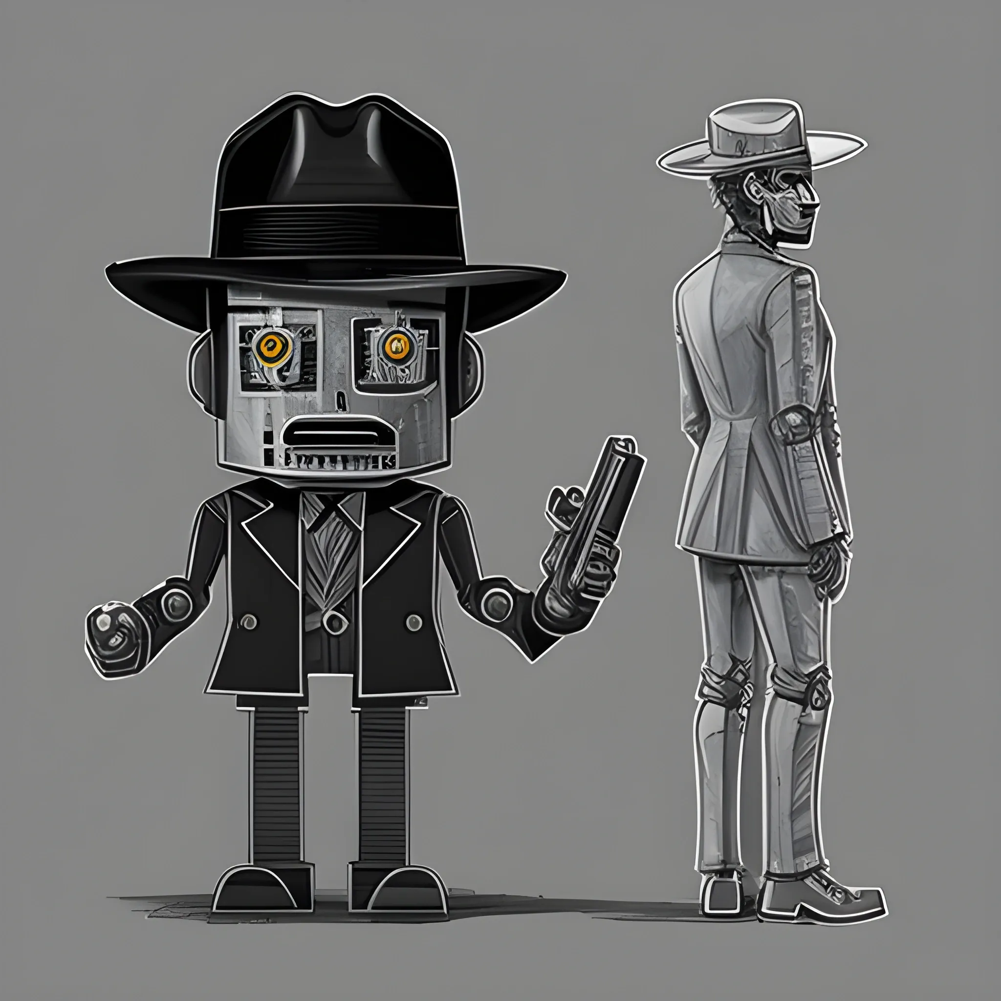 Robot detective | metal robot face | fedora | trench coat | pistol, Pencil Sketch