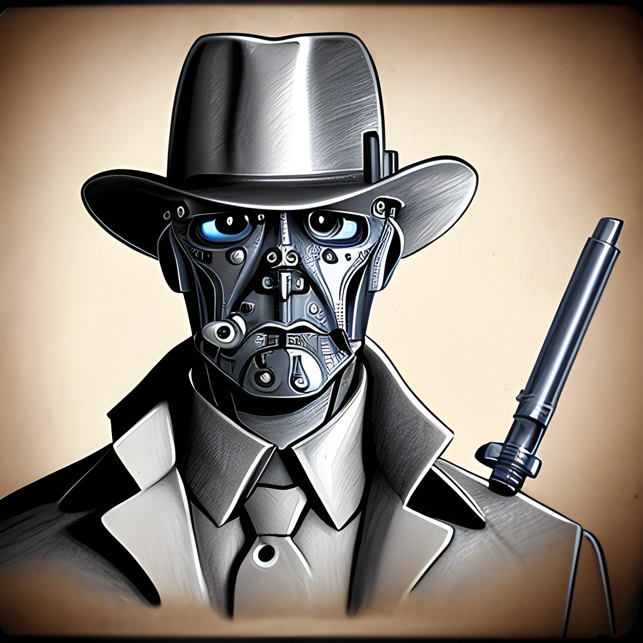 Robot detective | metal robot face | fedora | trench coat | pistol, Pencil Sketch