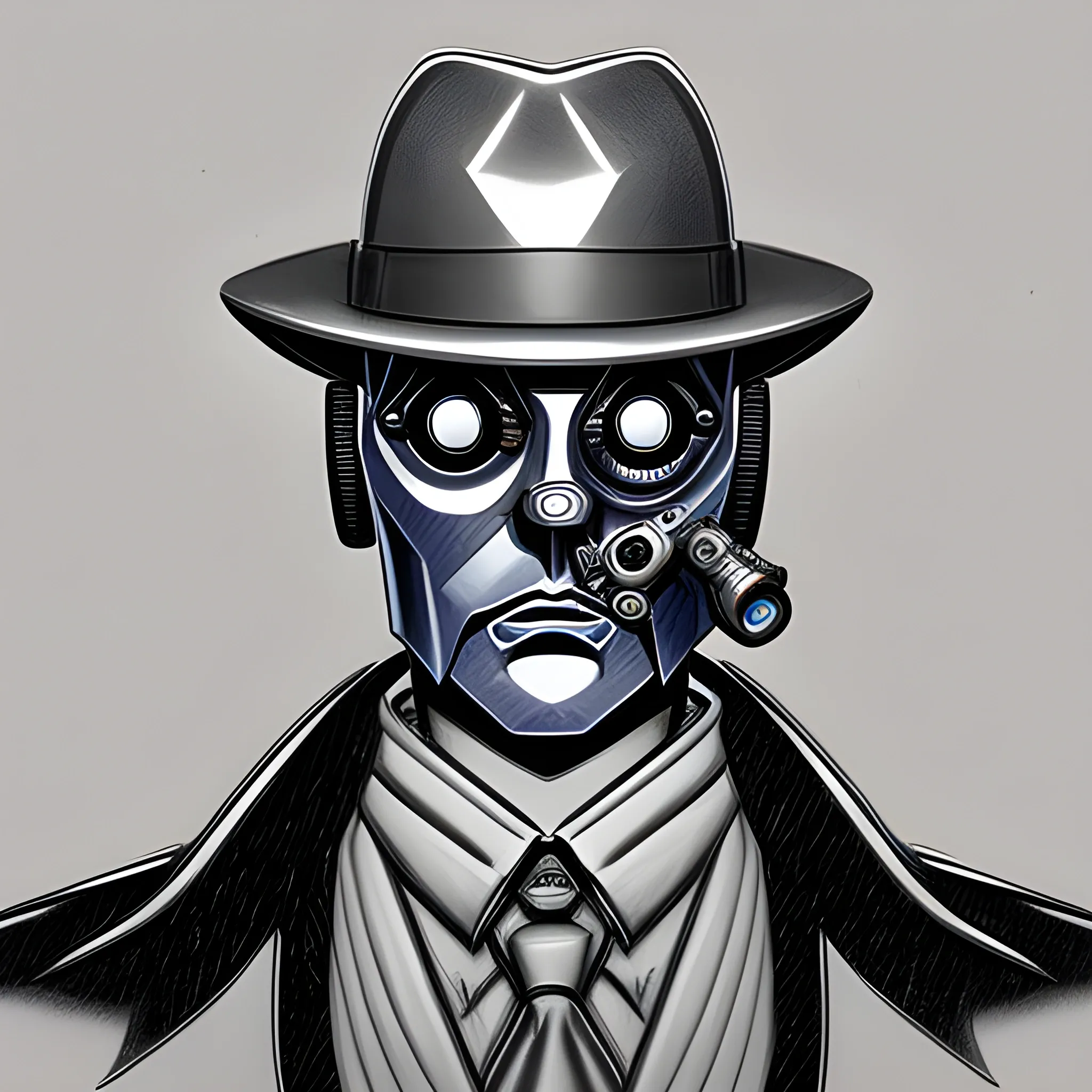 Robot detective | metal robot face | fedora | trench coat | pistol, Pencil Sketch