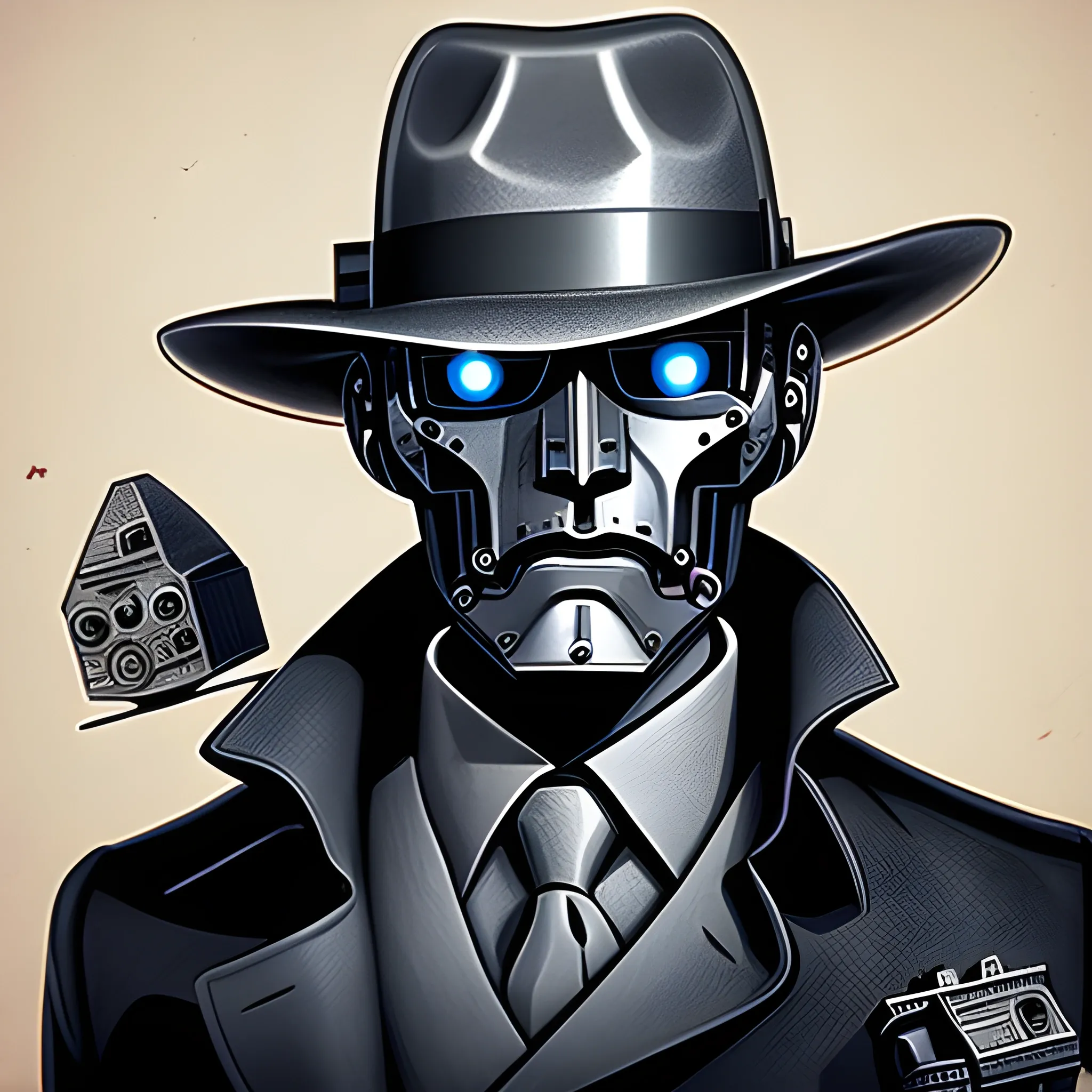 Robot detective | metal robot face | fedora | trench coat | pistol, Pencil Sketch