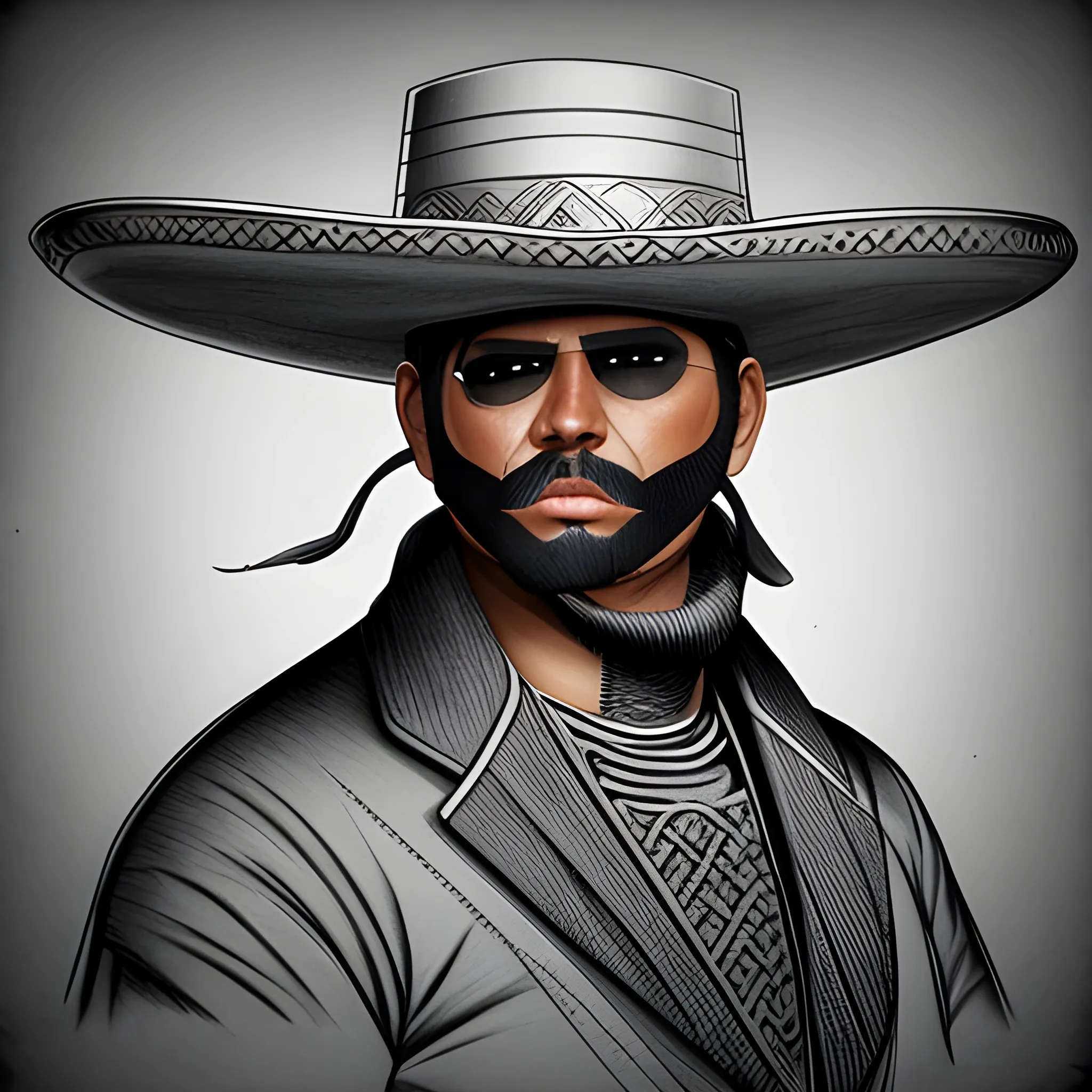 futuristic mexican bandido | sombrero | ponchó | mustache | sniper, Pencil Sketch