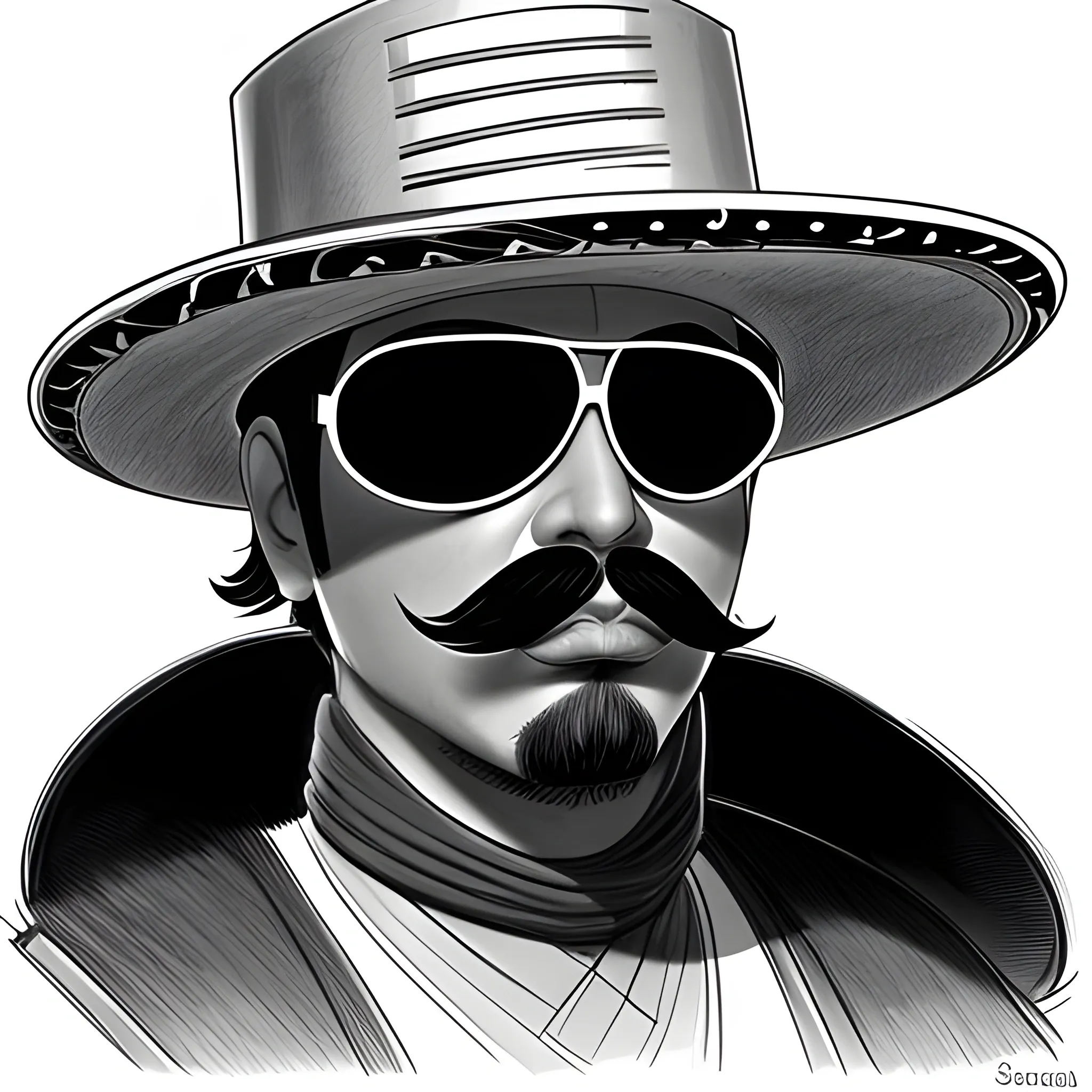 futuristic mexican bandido | sombrero | ponchó | mustache | sniper, Pencil Sketch