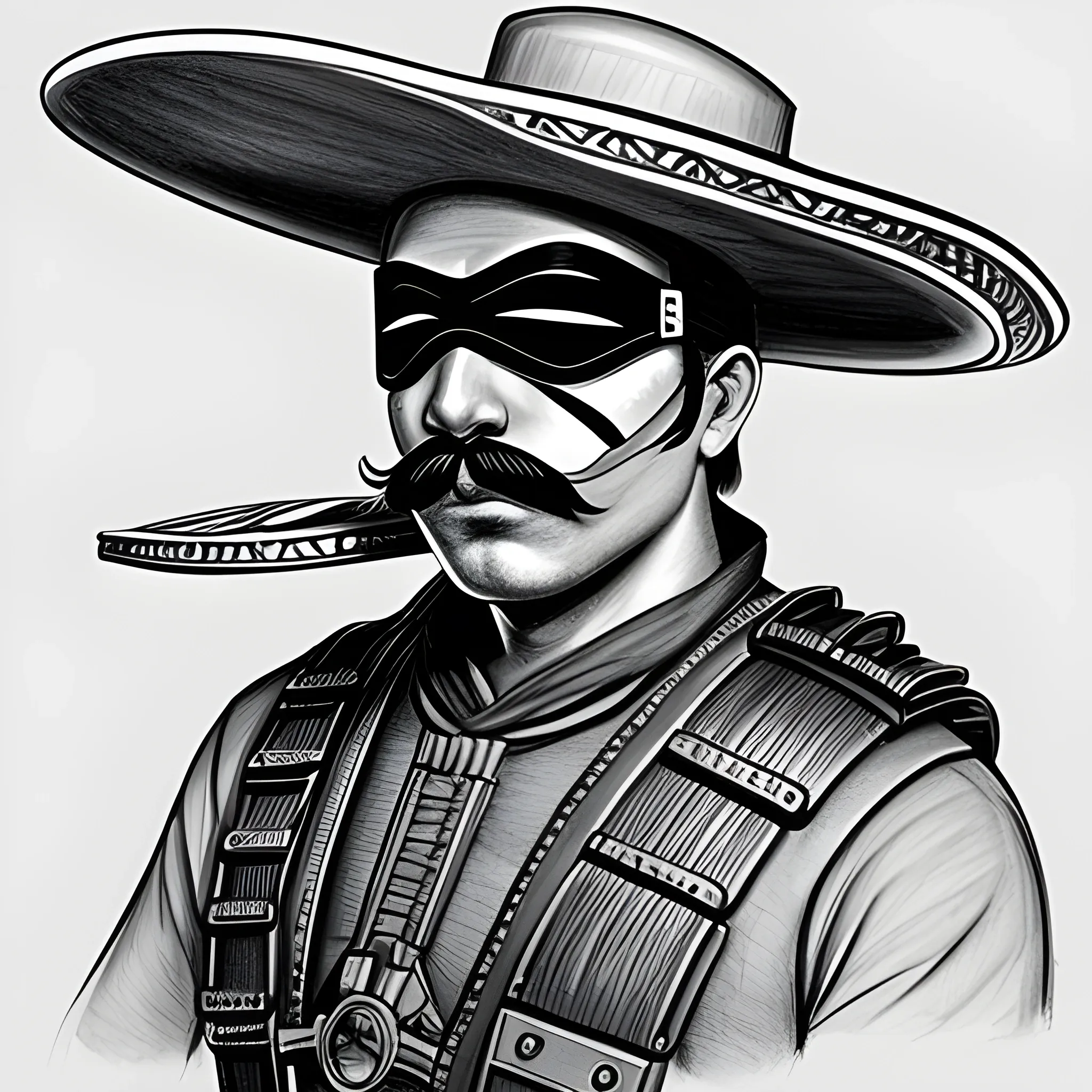 futuristic mexican bandido | sombrero | ponchó | mustache | sniper rifle in hand, Pencil Sketch