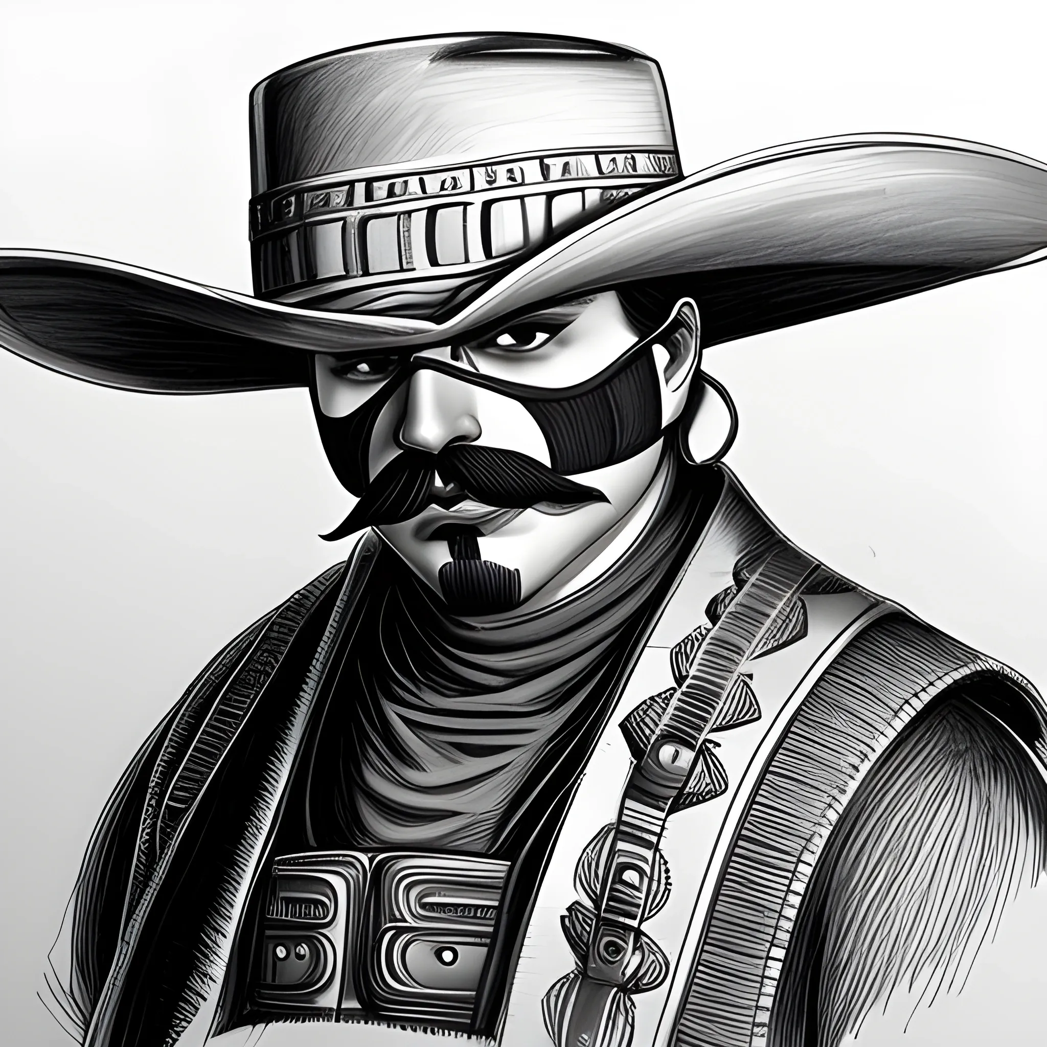 futuristic mexican bandido | sombrero | ponchó | mustache | sniper rifle in hand, Pencil Sketch