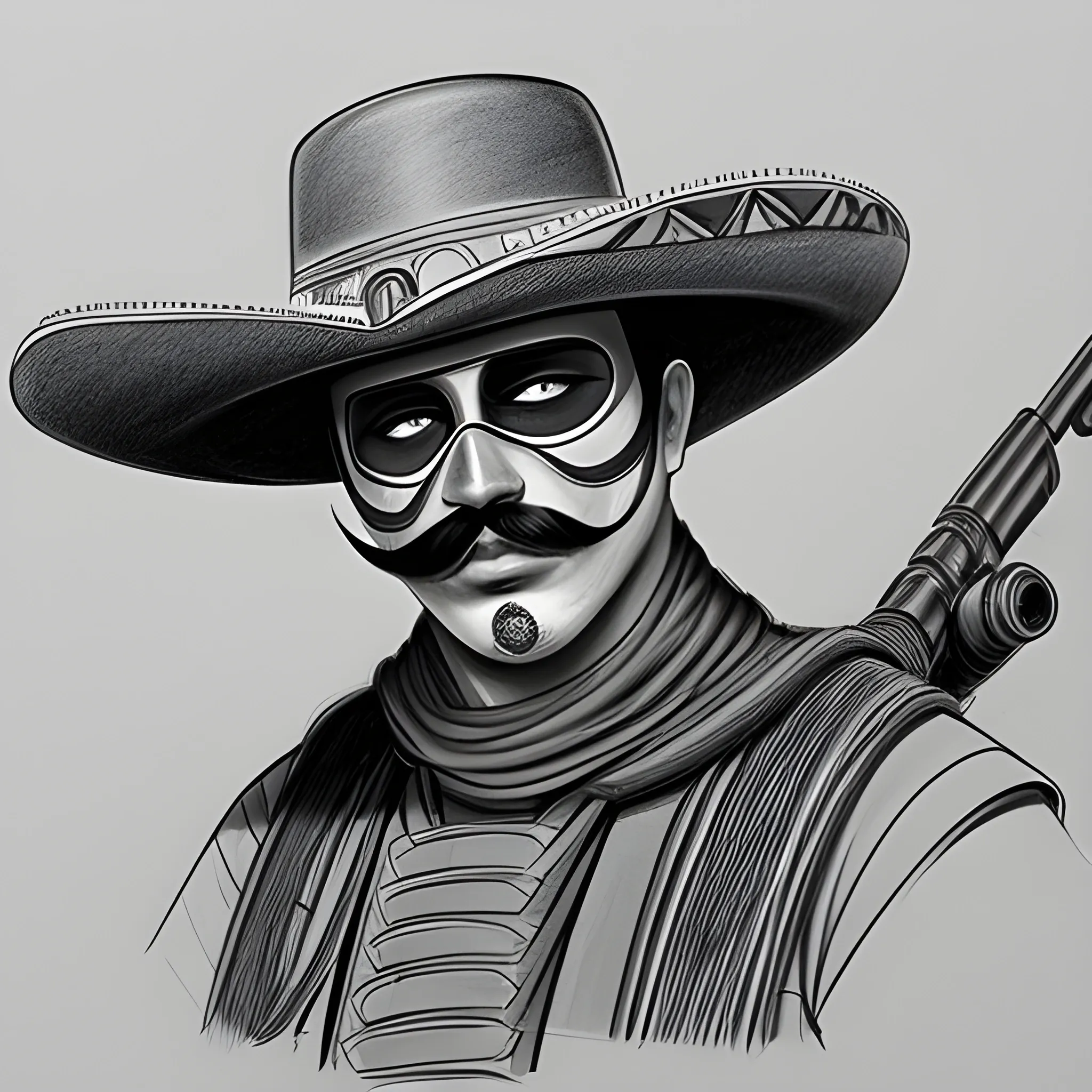 futuristic mexican bandido | sombrero | ponchó | mustache | sniper rifle in hand, Pencil Sketch