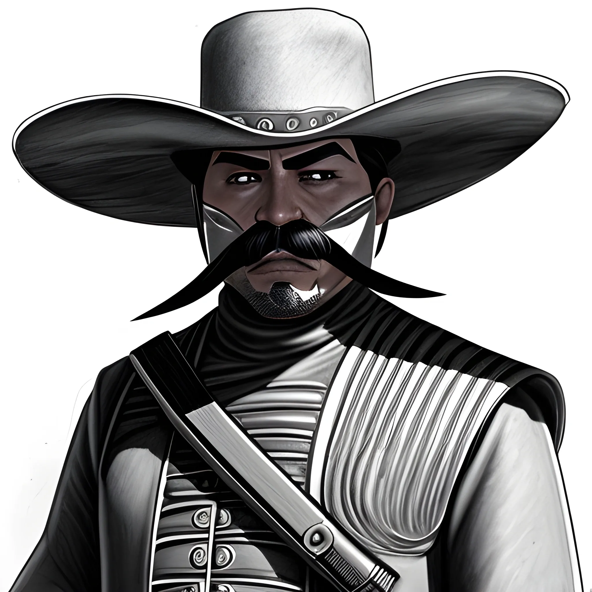 futuristic mexican bandido | sombrero | ponchó | mustache | no mask| sniper rifle in his hand, Pencil Sketch