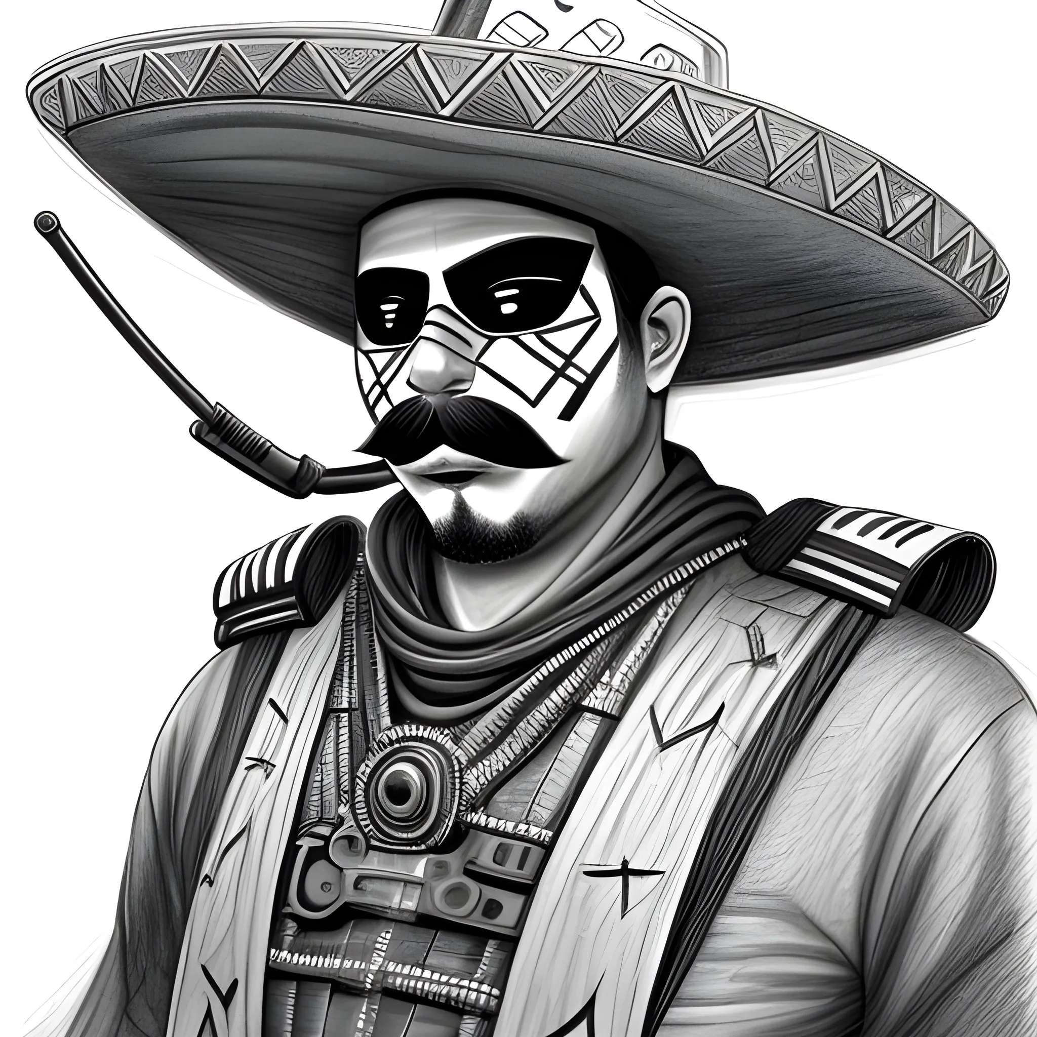 futuristic mexican bandido | sombrero | ponchó | mustache | no mask| sniper rifle in his hand, Pencil Sketch