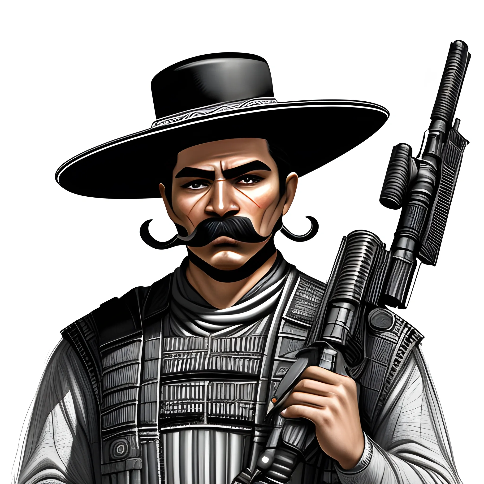 futuristic mexican bandido | sombrero | ponchó | mustache | no mask| sniper rifle in his hand, Pencil Sketch