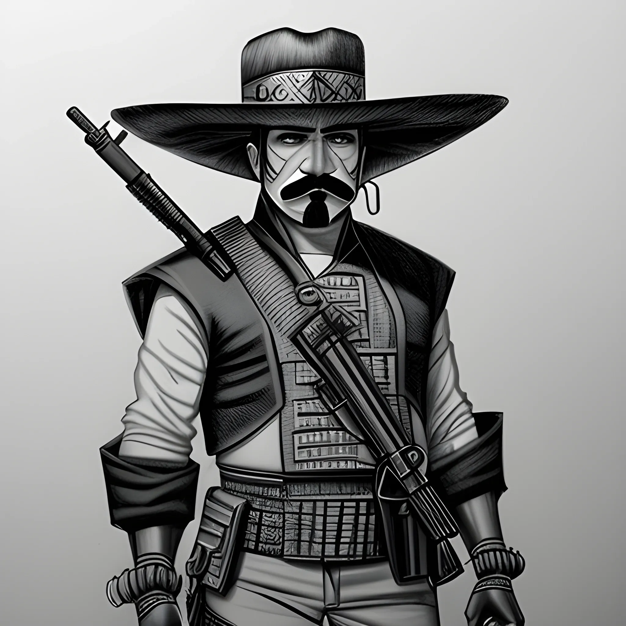 futuristic Hispanic bandido | sombrero | ponchó | mustache | no mask| sniper rifle in his hand, Pencil Sketch