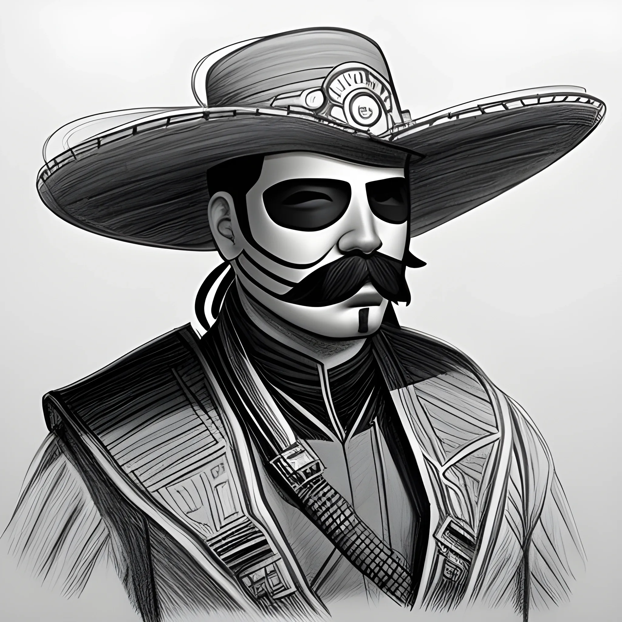 futuristic Hispanic bandido | sombrero | ponchó | mustache | no mask| sniper rifle in his hand, Pencil Sketch