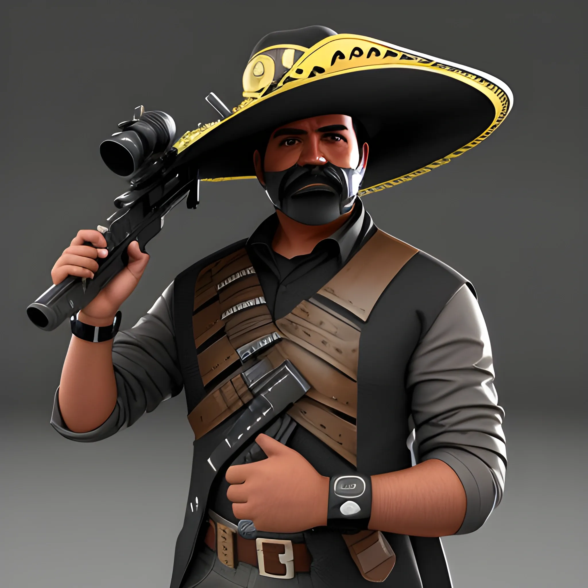 futuristic Hispanic bandido | sombrero | ponchó | mustache | no mask| sniper rifle in his hand, 3D