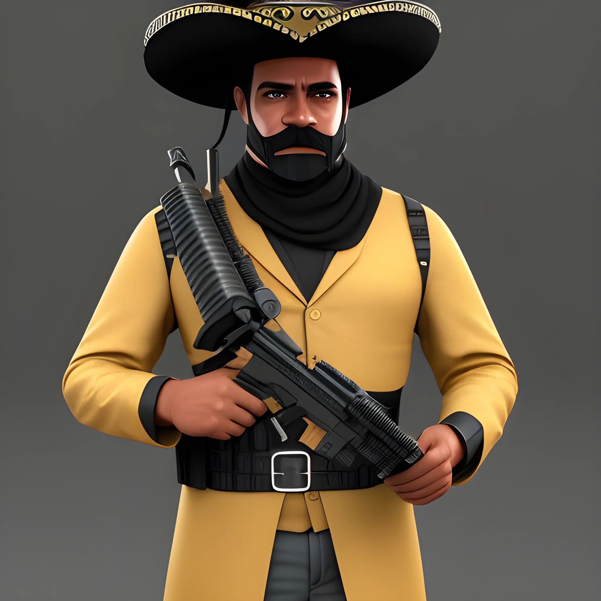 futuristic Hispanic bandido | sombrero | ponchó | mustache | no mask| sniper rifle in his hand, 3D