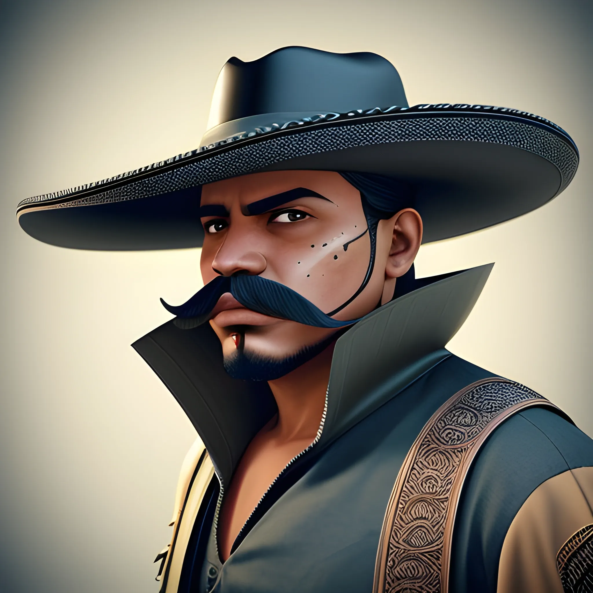 futuristic Hispanic bandido | sombrero | ponchó | mustache | no mask| no beard | sniper in his hand, 3D