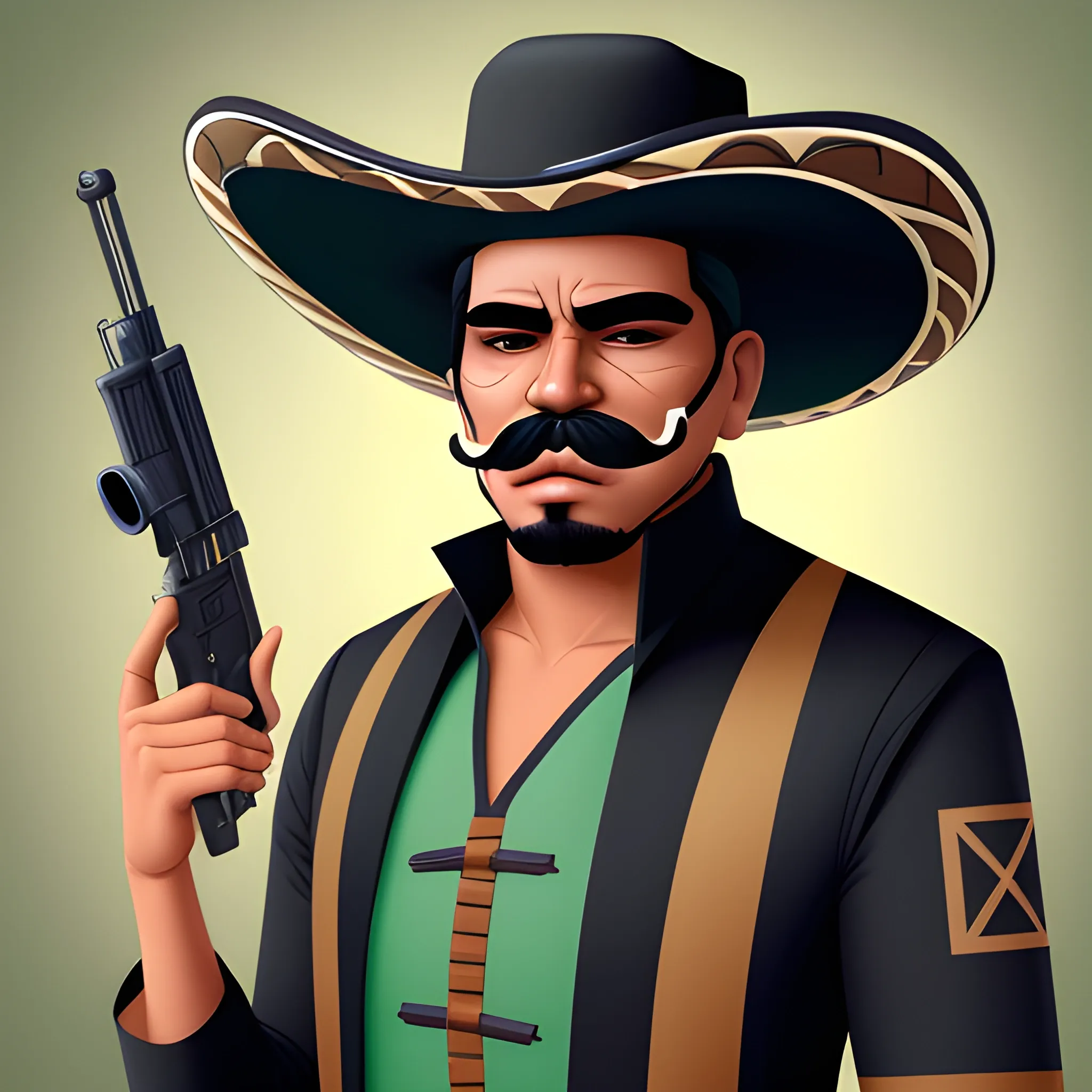 futuristic Hispanic bandido | sombrero | ponchó | mustache | no mask| no beard | sniper in his hand, Cartoon