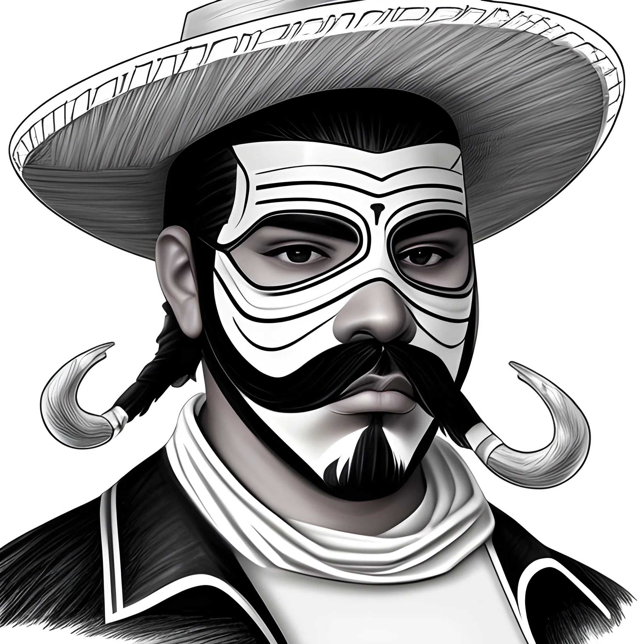 futuristic Hispanic bandido | sombrero | ponchó | mustache | no mask| no beard |, Pencil Sketch