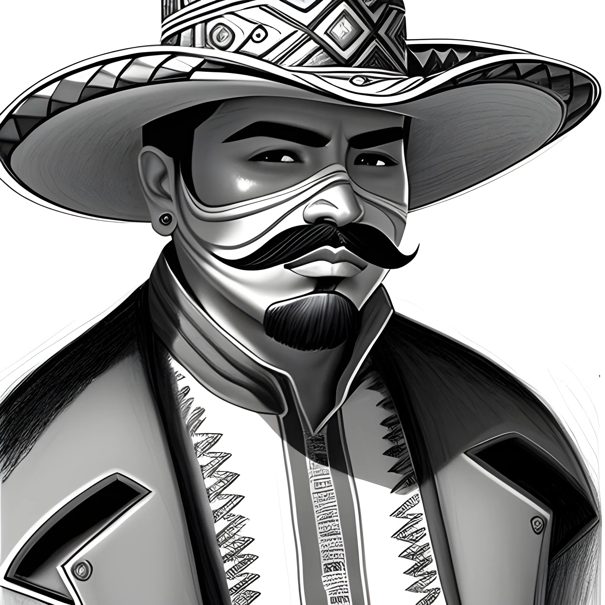 futuristic Hispanic bandido | sombrero | ponchó | mustache | no mask| no beard |, Pencil Sketch