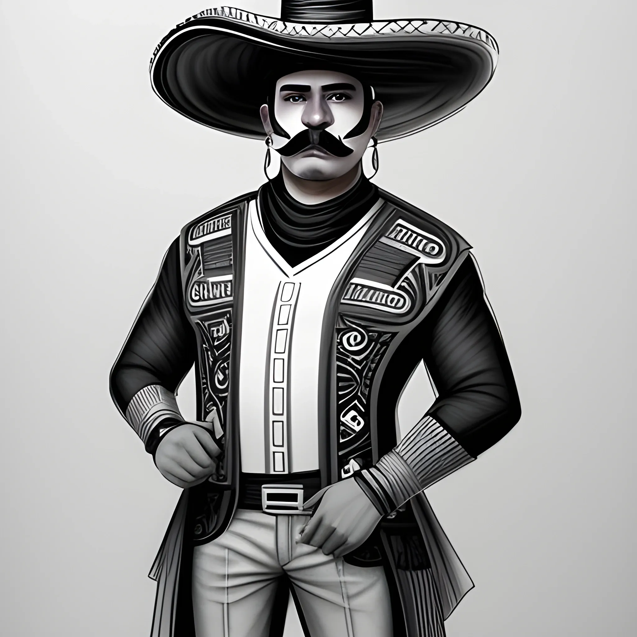 futuristic Hispanic bandido | cool | sombrero | ponchó | mustache | no mask| no beard | full body, Pencil Sketch