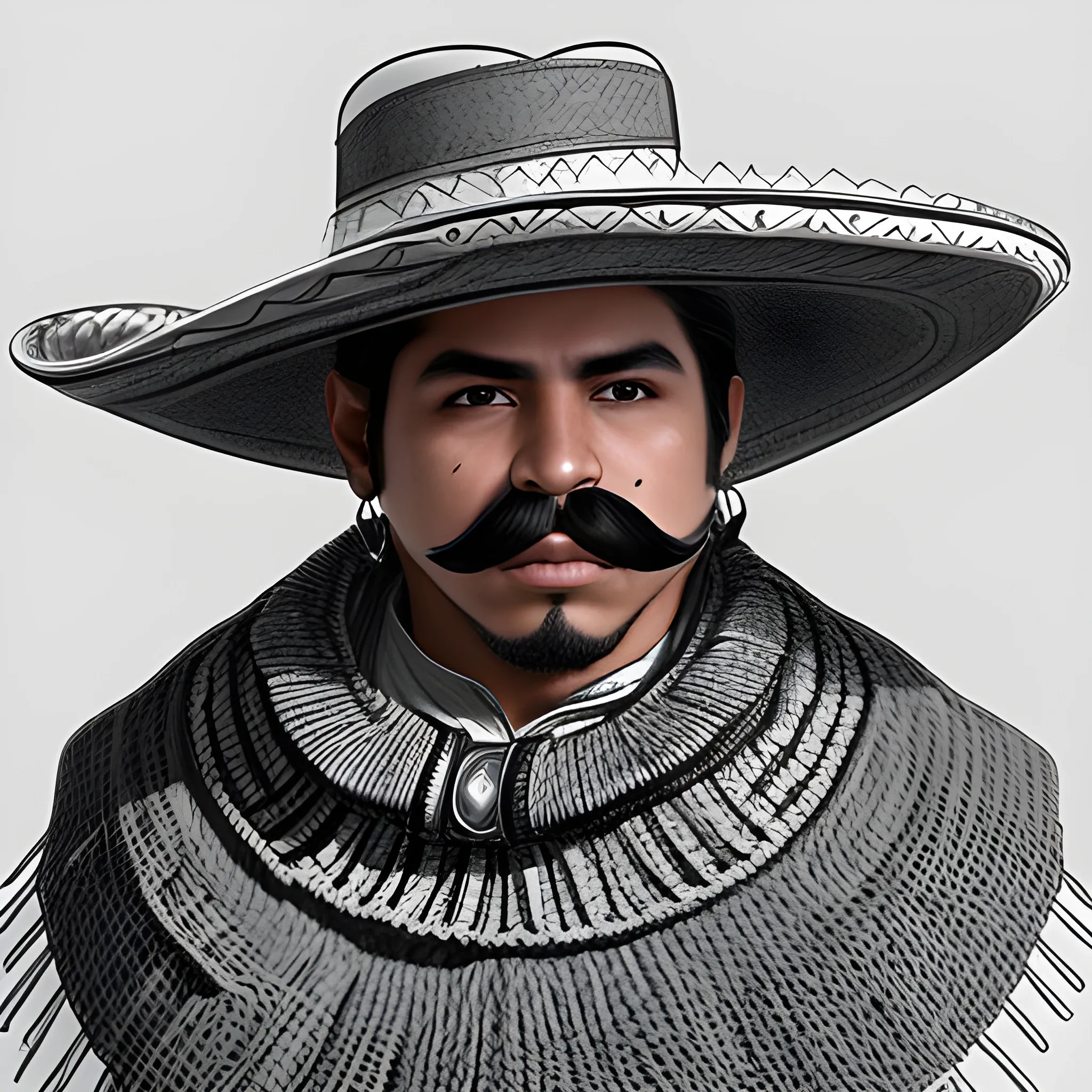 futuristic Hispanic bandido | cool | sombrero | wool poncho | mustache | no mask| no beard | full body, Pencil Sketch