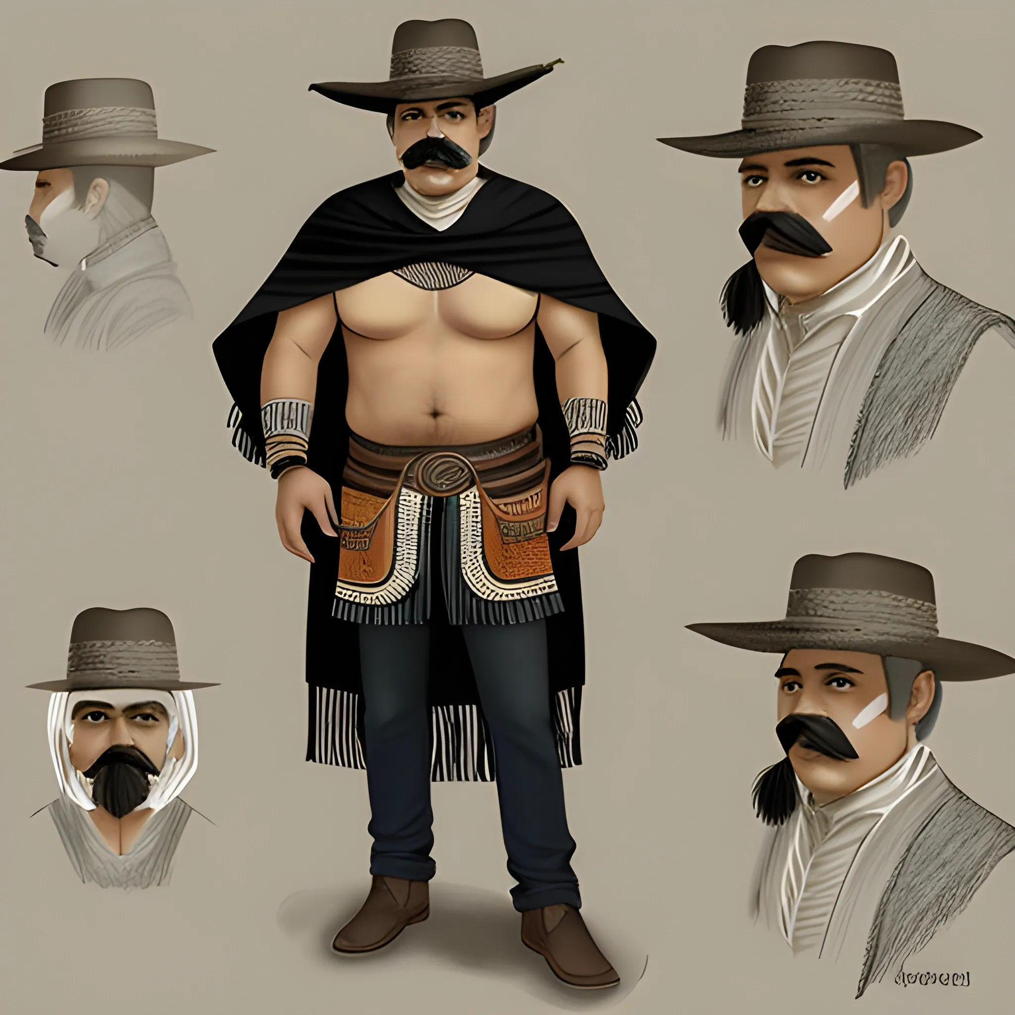  Hispanic bandido | full body | sombrero | wool poncho | mustache | no mask| no beard | futuristic, Pencil Sketch