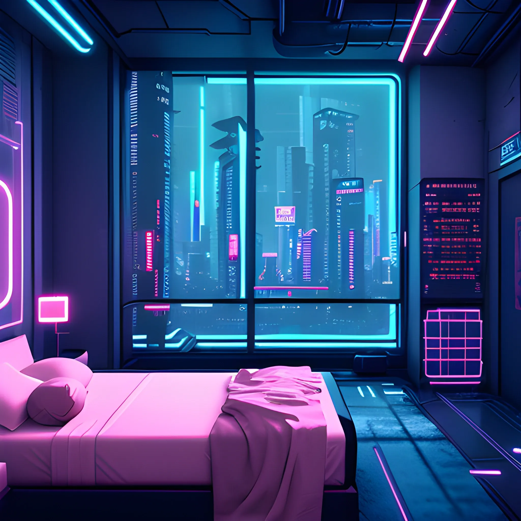 inside a room, cyberpunk vibe, neon glowing lights, sharp focus, photorealistic, unreal engine 5, in the bed, window that shows the skyscrapers in the background 