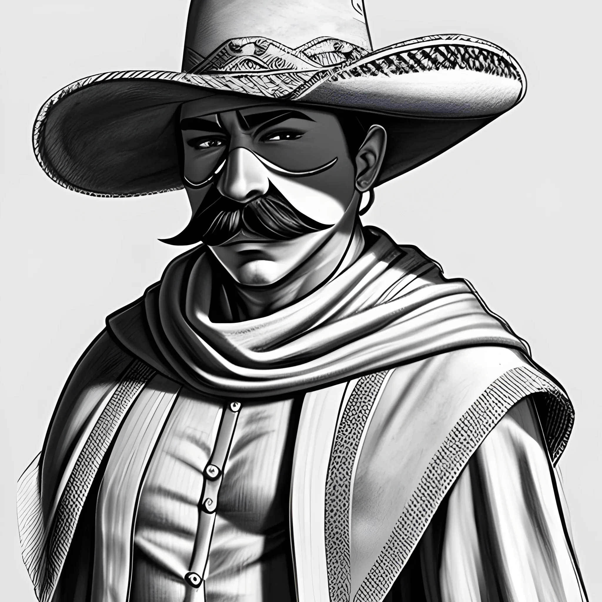  bandido | full body | shirt | sombrero | wool poncho | mustache | muscular |no mask| no beard | futuristic, Pencil Sketch