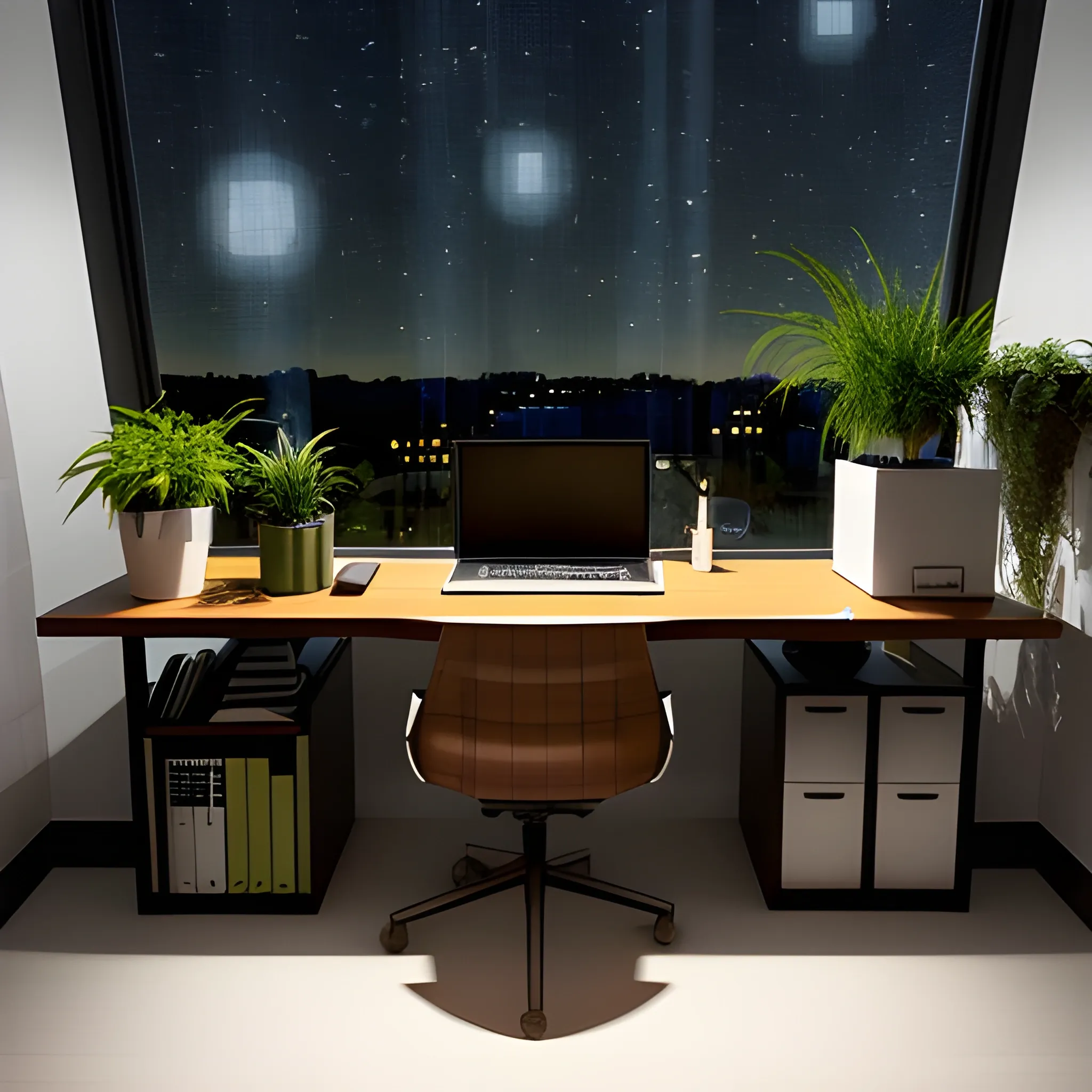 A modern and minimalist office space with the following elements:
- A large window with white curtains pulled back, showing a starry night sky outside.
- A sleek, dark-colored office desk with a glass or polished wood surface.
- On the desk, there is a laptop, a few stacked books, and a small, modern sculpture.
- An ergonomic office chair is positioned behind the desk.
- The room is illuminated by a modern hanging light fixture above the desk and soft ambient lighting from the ceiling and floor.
- There are two potted plants on either side of the desk, adding a touch of greenery.
- A person with short hair, wearing a long sweater and skirt, is standing near the desk, facing it.
