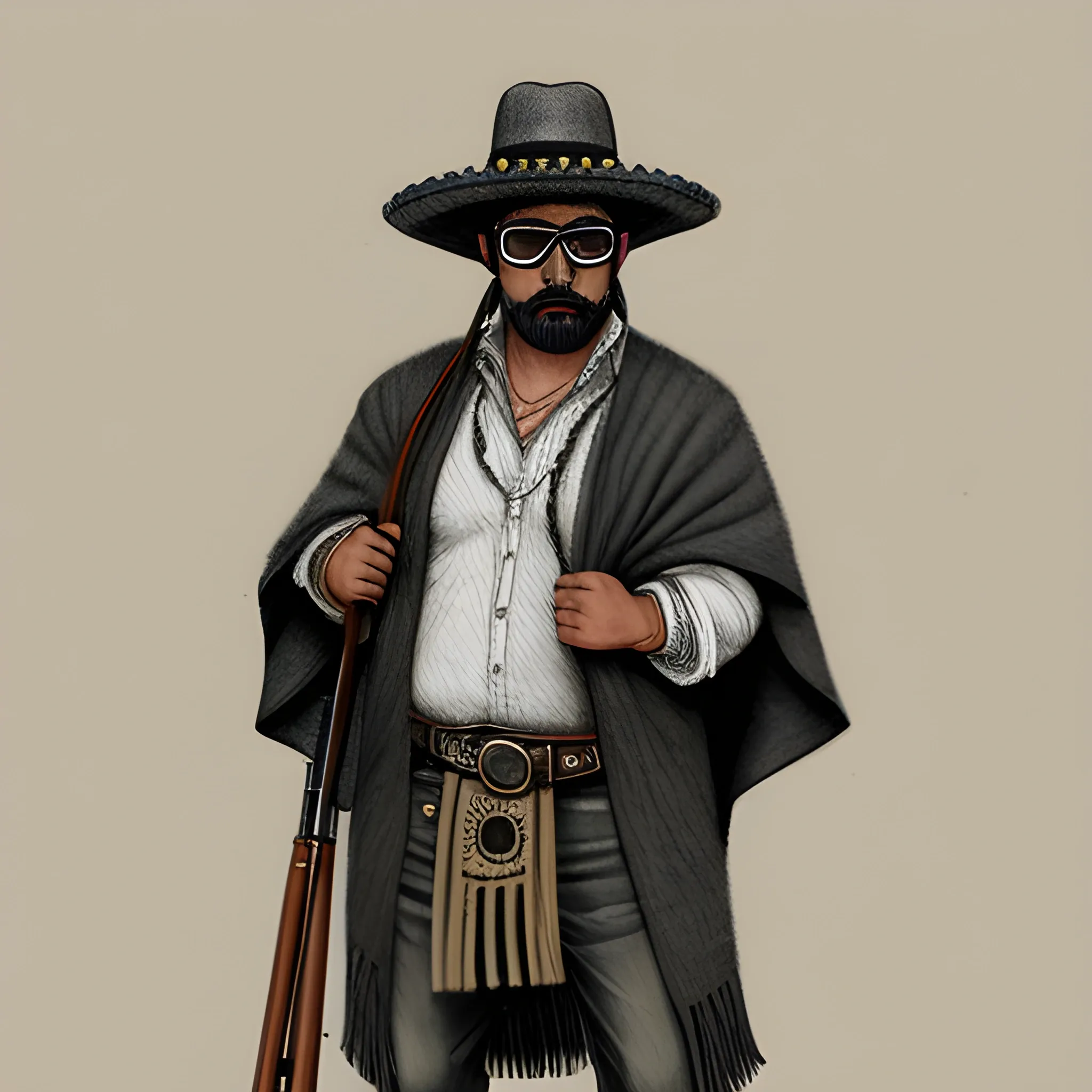 Cool Mexican guy, sombrero, wool poncho, goggles, sniper, full body, Pencil Sketch