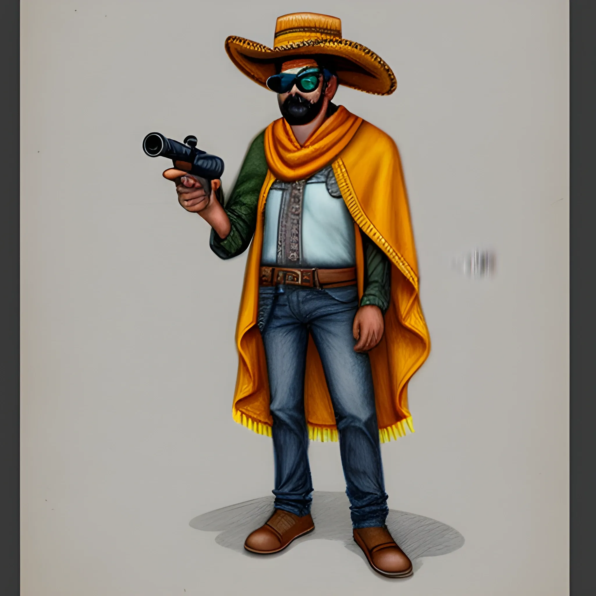 Cool Mexican guy, sombrero, wool poncho, goggles, sniper, full body, skinny, Pencil Sketch