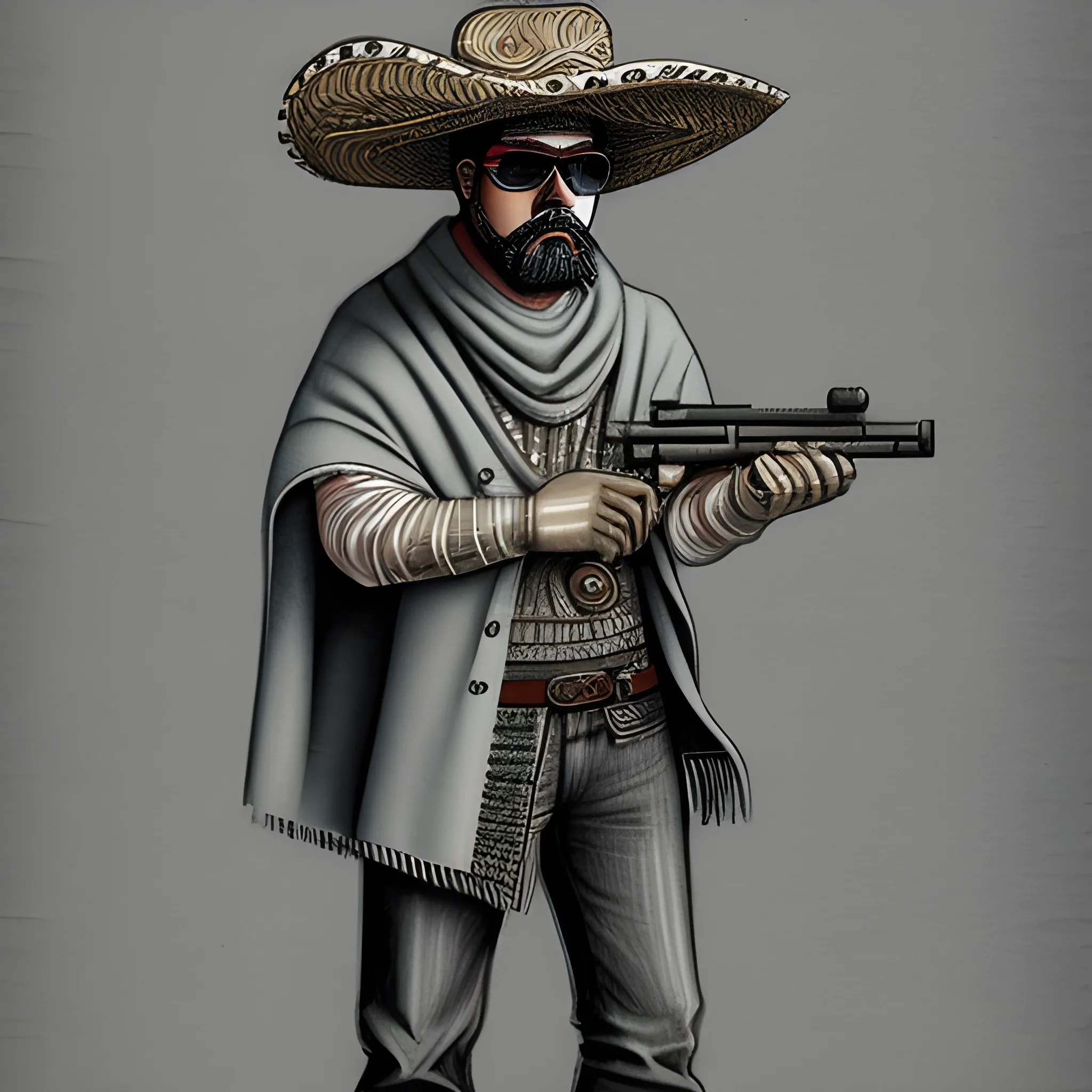 Cool Mexican guy, sombrero, wool poncho, goggles, sniper, full body, skinny, Pencil Sketch