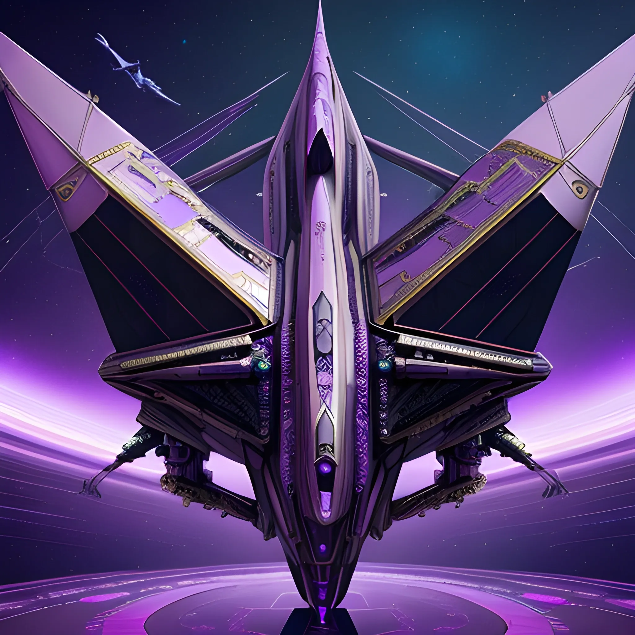 A unique metallic purple starship in Gothic style, & the shape o ...