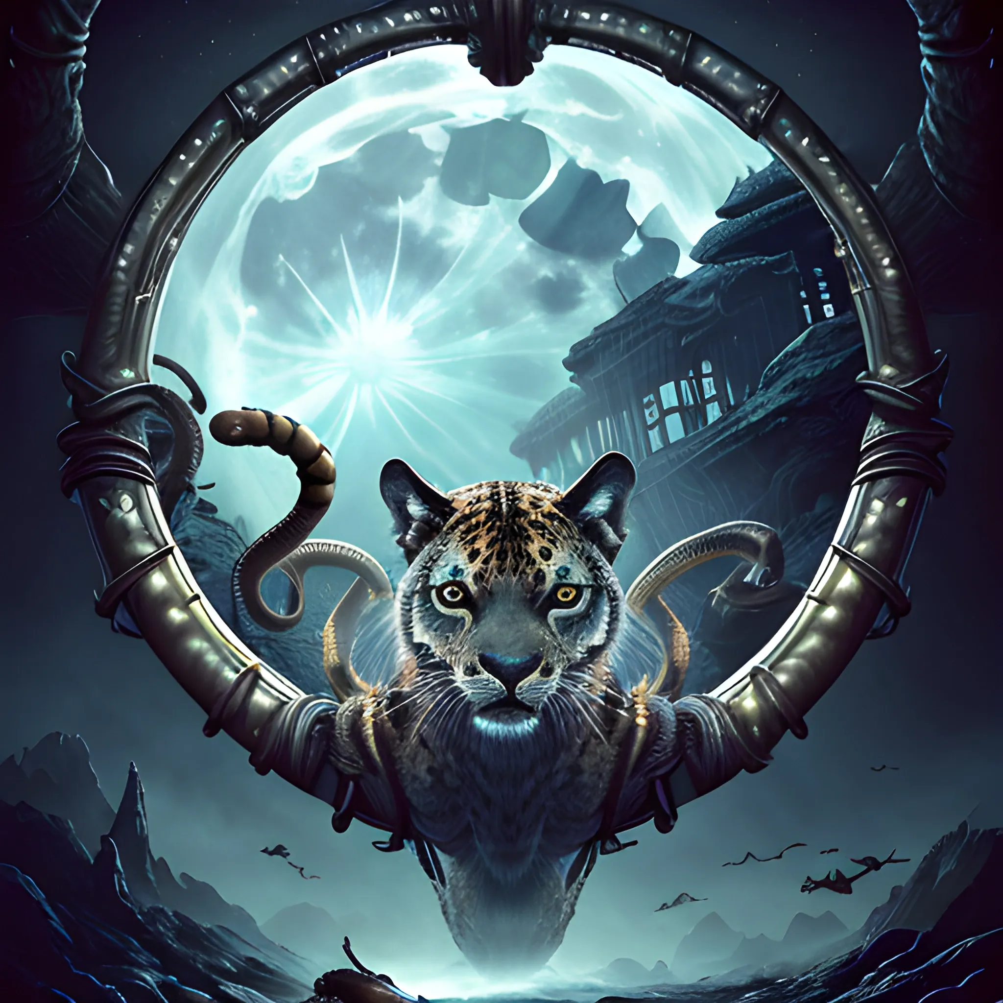 28k hyper realistic, 750k uhd, gothic, south african, beeple, boris vallejo, h. r. giger, big cats, black jaguar, black panther, tigers, lions, jaguars, leopards, pumas, cougars, cheetahs, hyenas, warrior cats, birds, spiders, frogs, salamanders, centipedes, millipedes, snakes, scorpions, aliens, dragons, undulating, swaying, pulsating, gliding, flying, running, hopping, jumping, pirate ship, ship, pirates, spaceship, alien spacecraft, cowboy, gunfighter, outlaw, sheriff, marshal, lawman, lass, vivid, dramatic, bathed in light, front, under the moon, glowing, wolf, fog, breath, mist, winterfrost, iceblossom, snow, crystal, steam, smoke, shadowbox