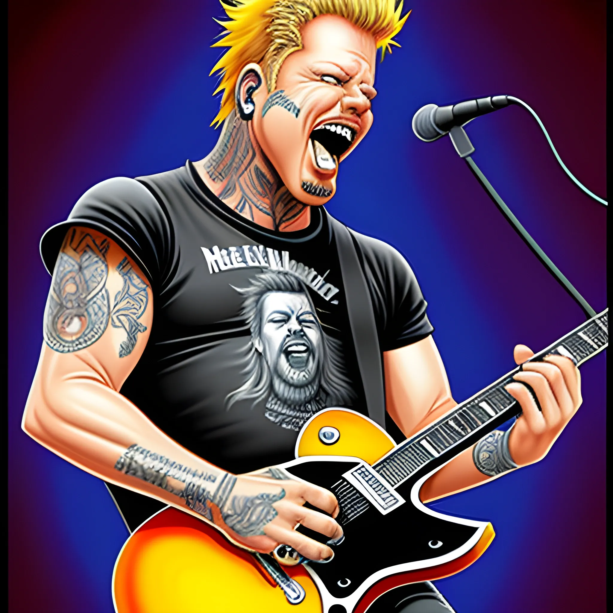 caricature James Hetfield with guitar, singing 
