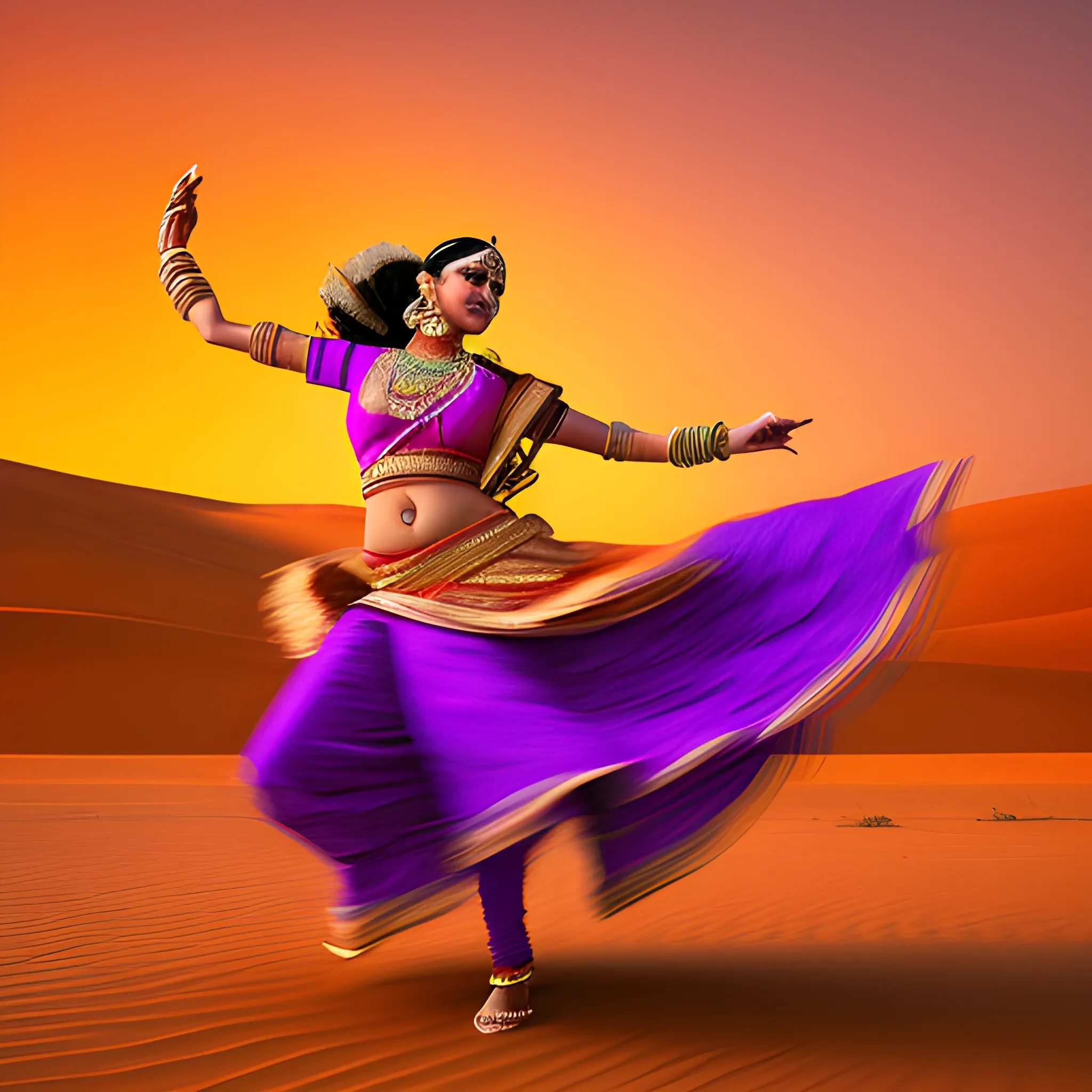 Panning Effect Photography, mixed eclectic beauty Rajasthani dancer women in traditional cloths in her unconventional action portrait wearing reverberating glowbow digital art in beautiful selective complementary colors in the desert at night - --v 6.0