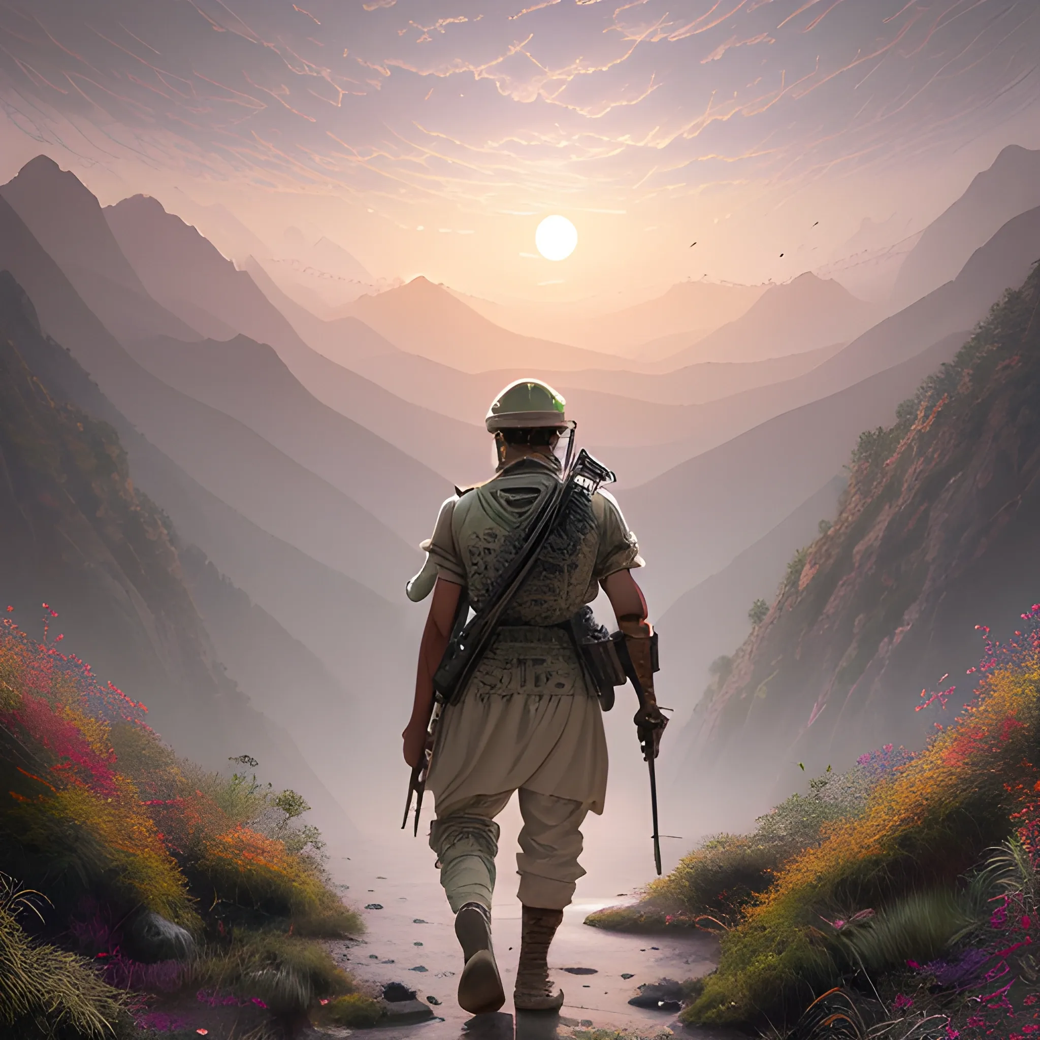 Indian soldier of the republic of India has the flag of Indian on his shoulder, the flag of Indian a soldiers taken on a mountain, sunset, background forest and mountain photo very realist, bright, beautiful, splash, Glittering, cute and adorable, filigree, dark lighting, lights, extremely, magic, surreal, fantasy, digital art, professional ominous concept art, an intricate, elegant, highly detailed digital painting, concept art, smooth, sharp focus, illustration, , ultra hd, realistic, vivid colors, highly detailed, UHD drawing, pen and ink, perfect composition, beautiful detailed intricate insanely detailed octane render trending on artstation, 8k artistic photography, photorealistic concept art, soft natural volumetric cinematic perfect light