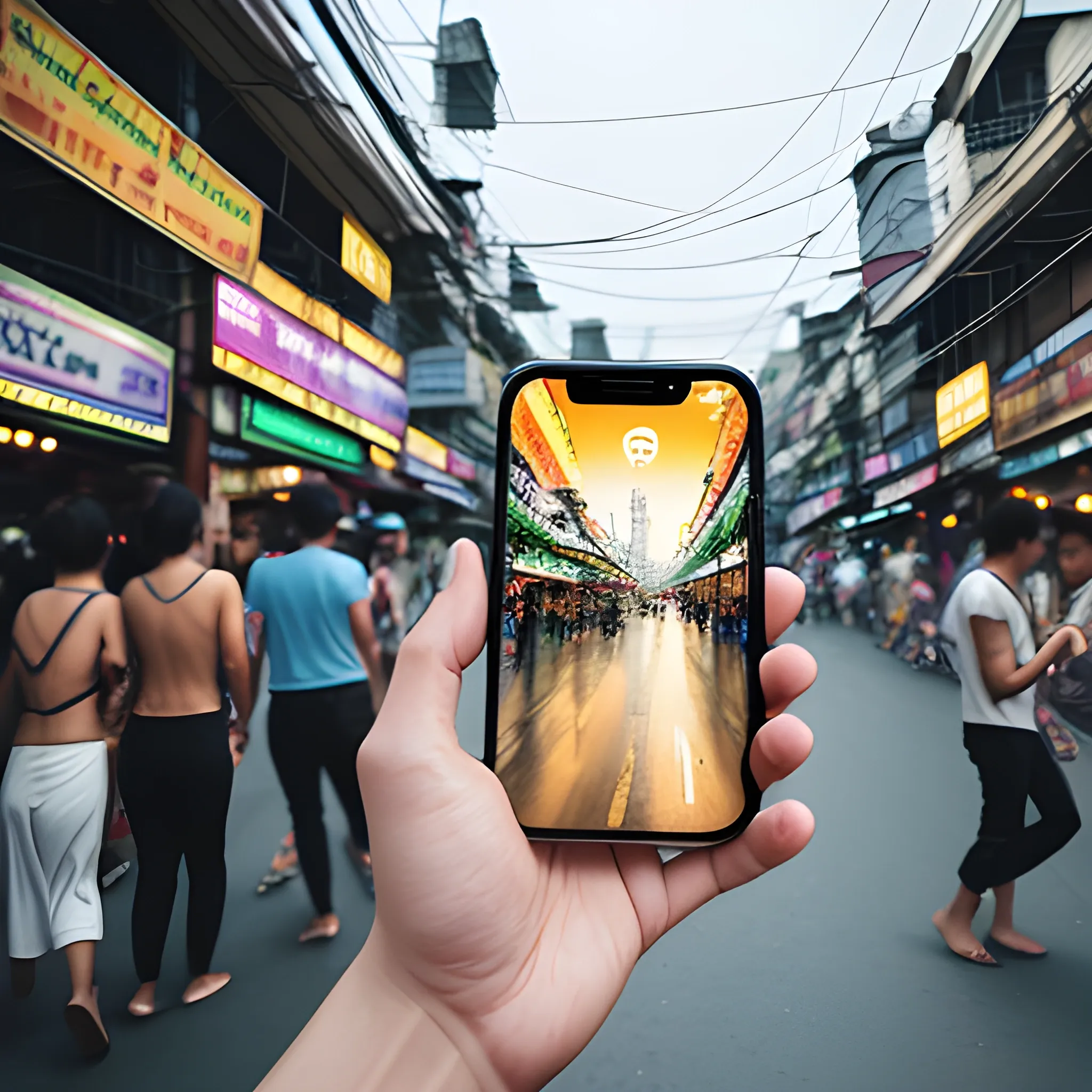 person holding an iphone 15 pro max with a picture of Khao San Road, Bangkok, realistic, minimalist, realistic, studyblr, captured with [a Nikon D850(camera)] and [a Nikkor 24-120mm f/4G ED VR lens(lens)]