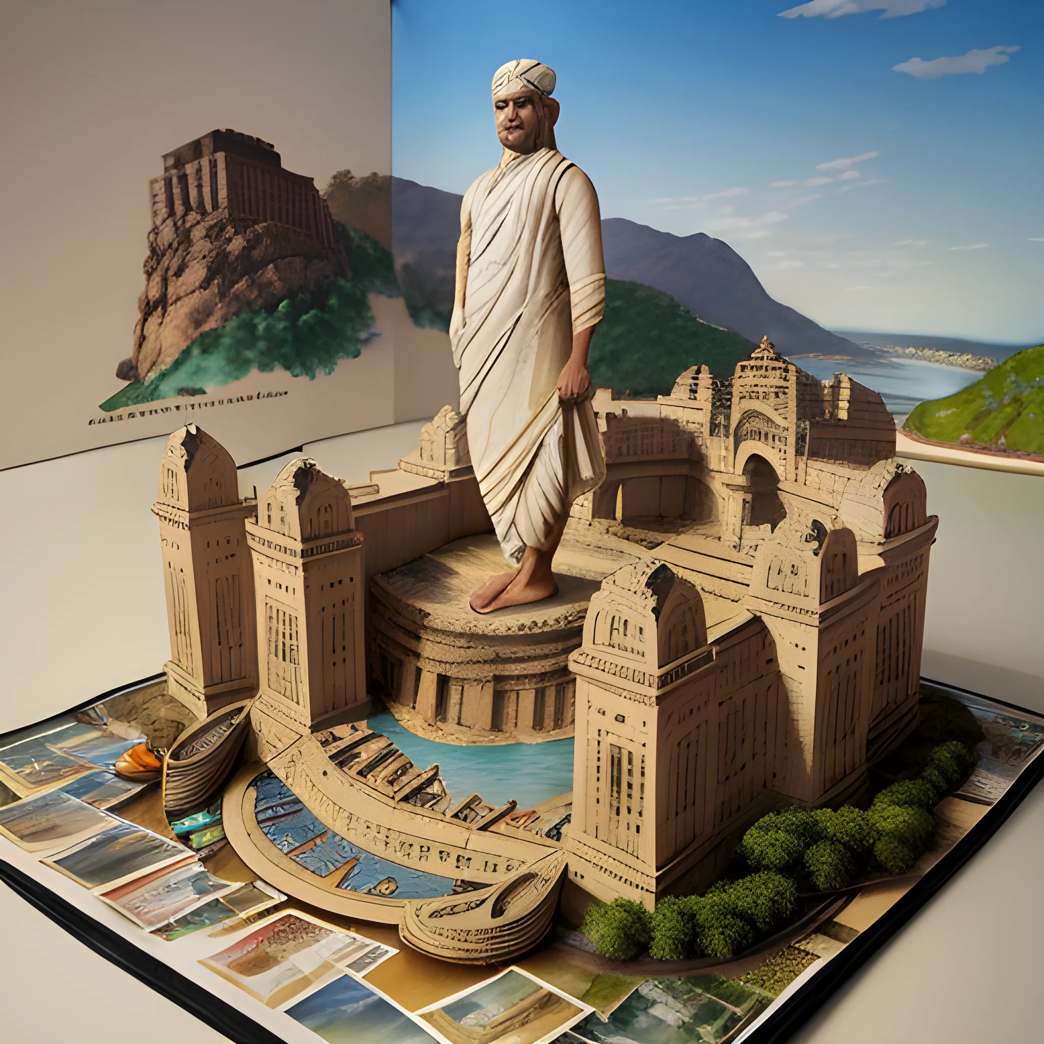 Statue of Unity, Kevadia, Gujarat, diorama, pop up book in a shoebox made from vintage postcards and old newspapers, Watercolor, trending on artstation, sharp focus, studio photo, intricate details, highly detailed, by greg rutkowski